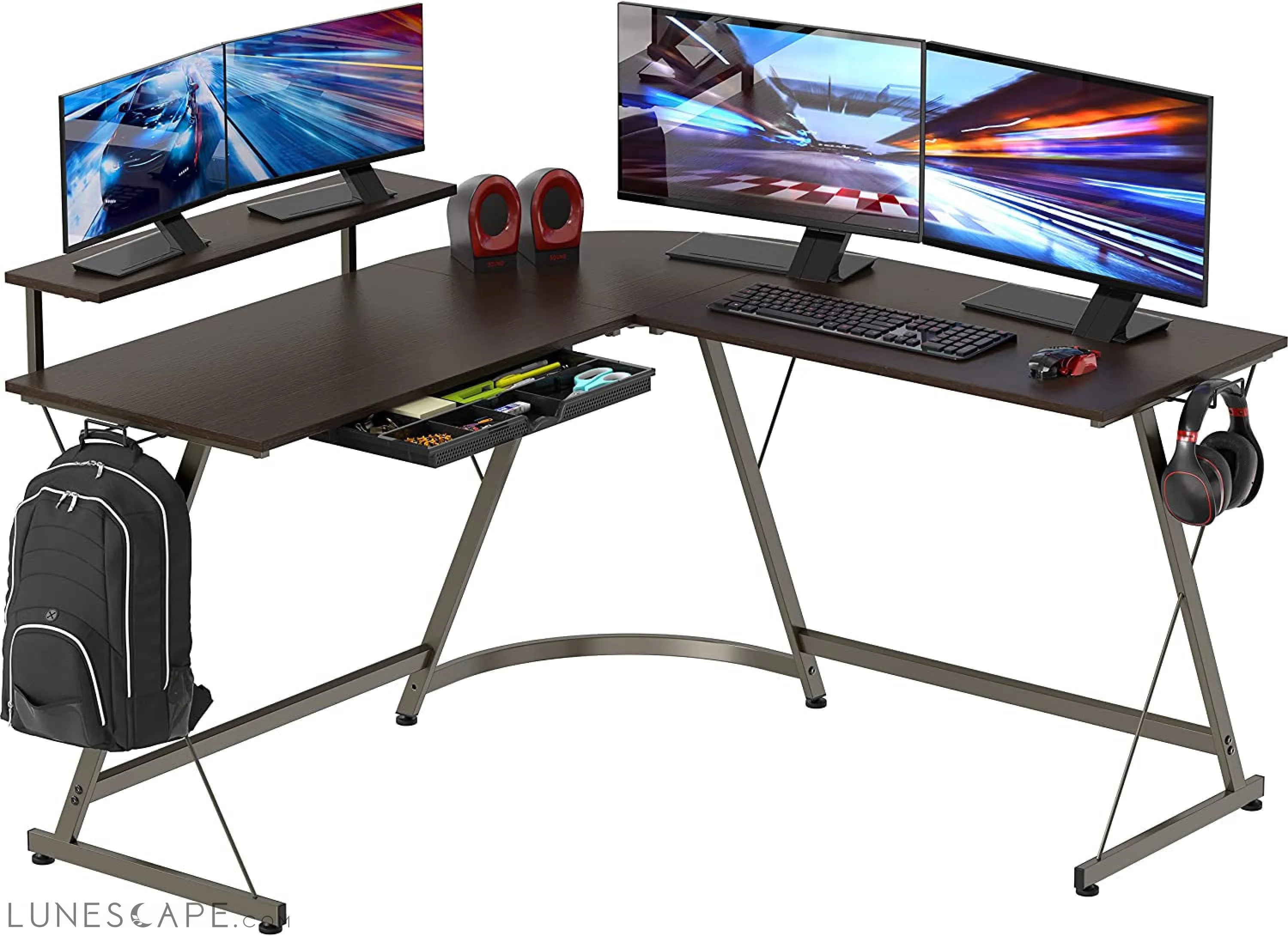 Vista L-Shape Desk with Monitor Stand, Espresso LUNESCAPE