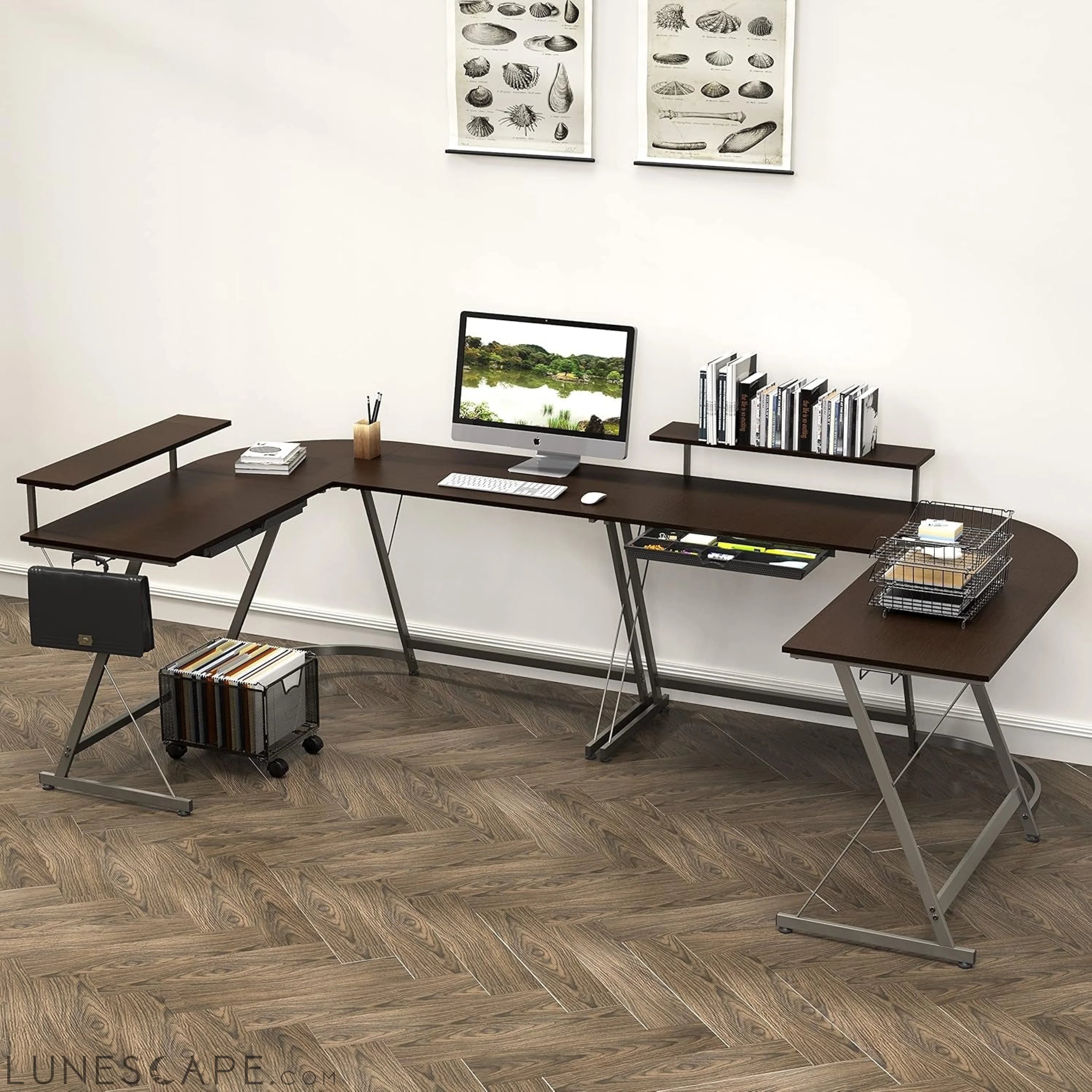 Vista L-Shape Desk with Monitor Stand, Espresso LUNESCAPE
