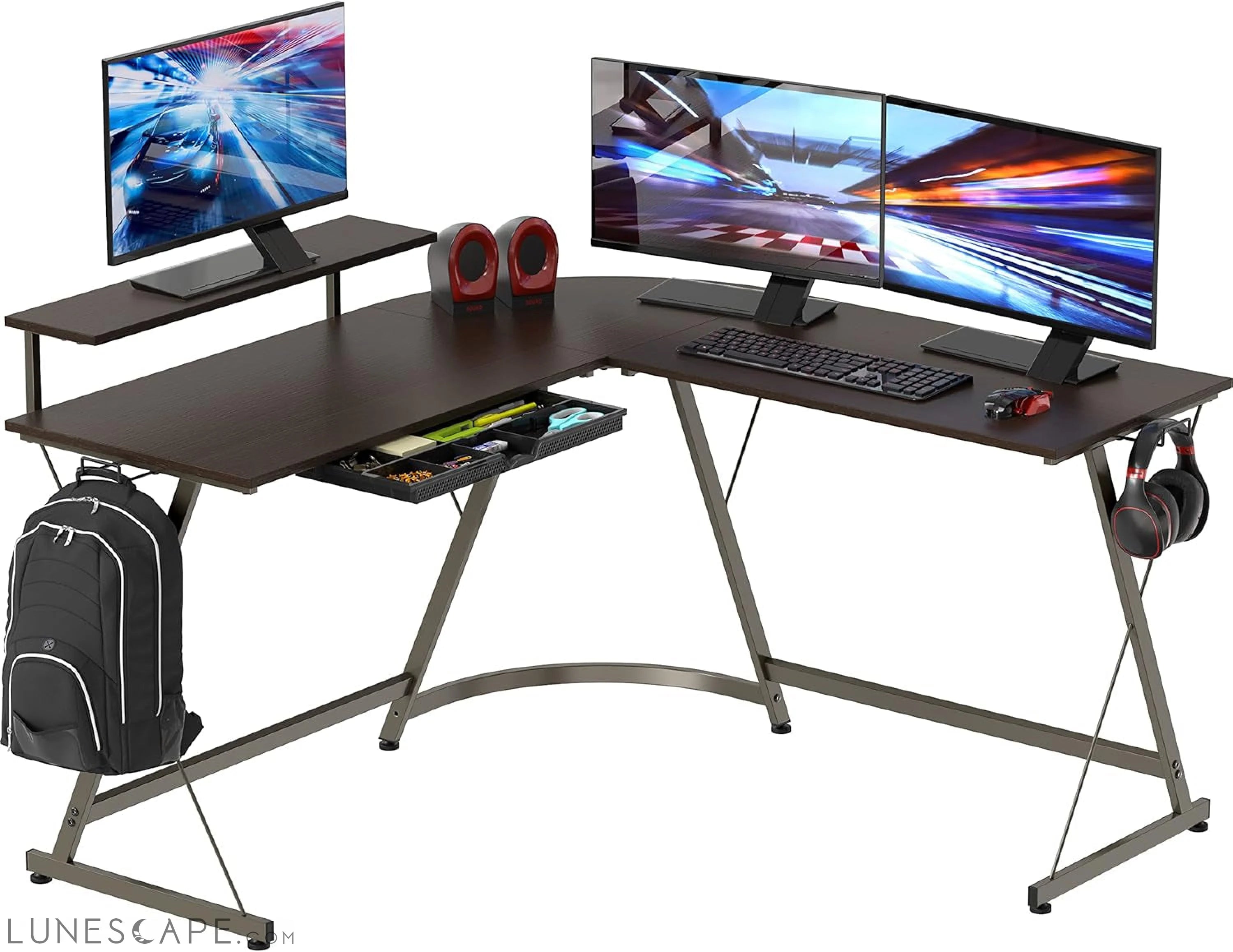 Vista L-Shape Desk with Monitor Stand, Espresso LUNESCAPE