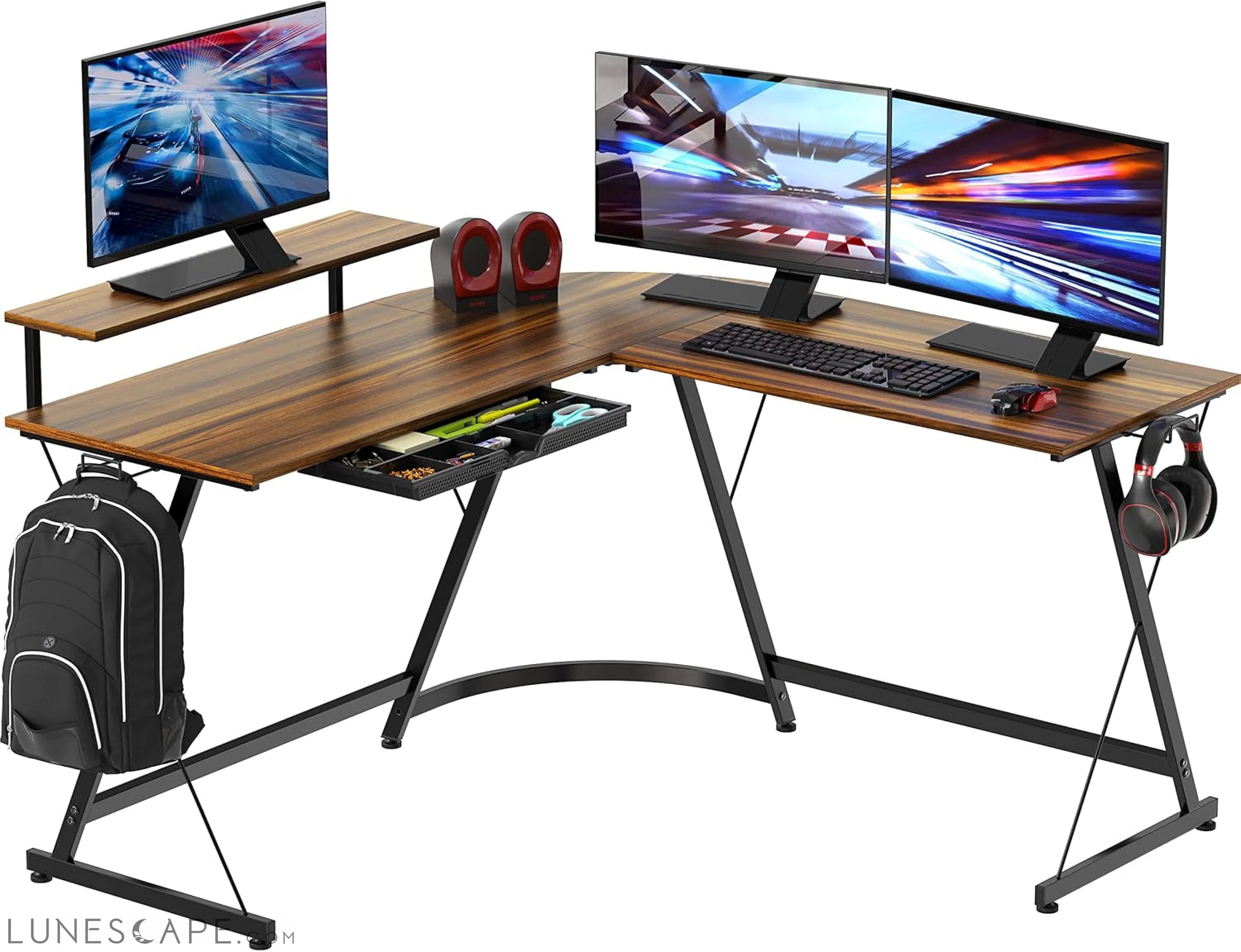 Vista L-Shape Desk with Monitor Stand, Walnut LUNESCAPE