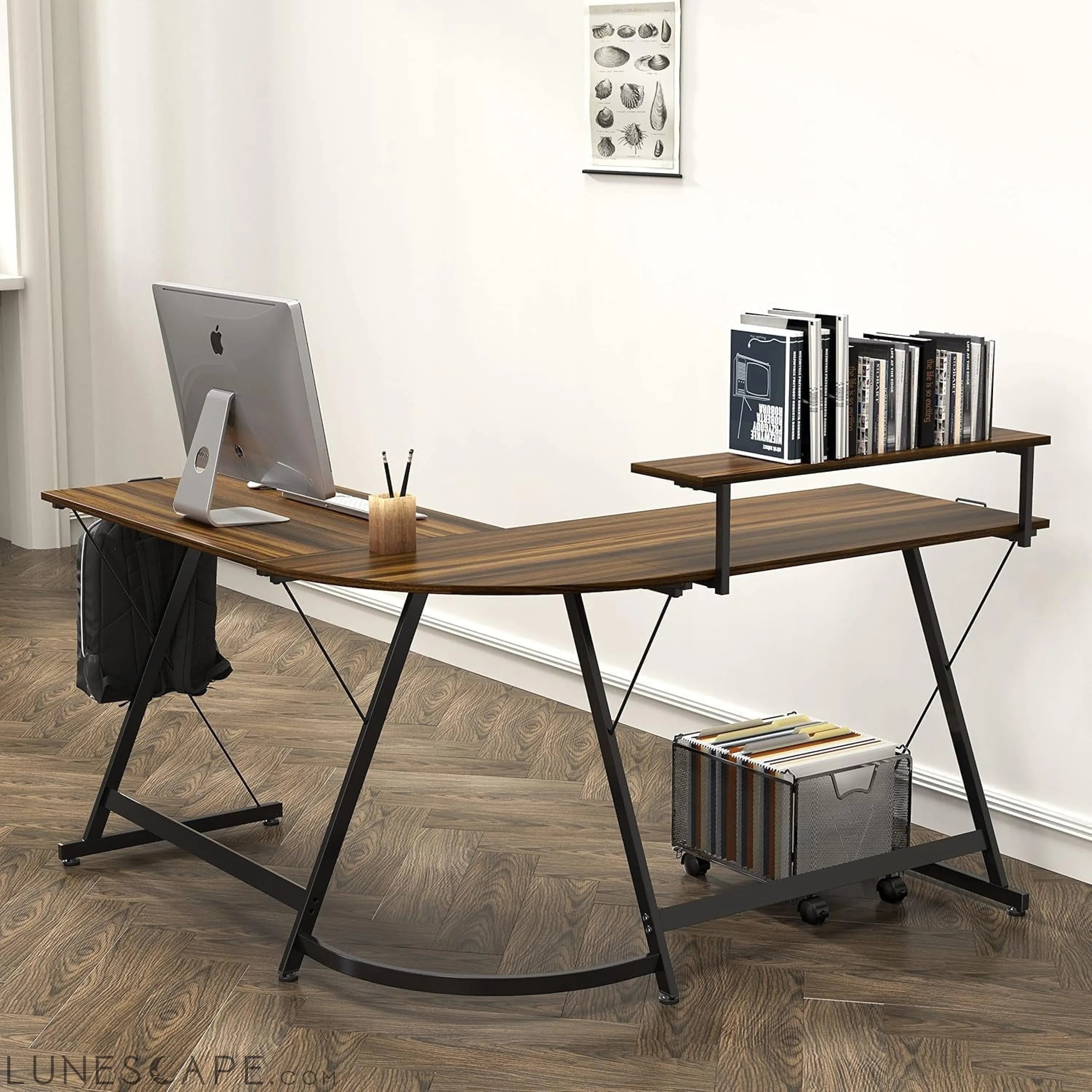 Vista L-Shape Desk with Monitor Stand, Walnut LUNESCAPE
