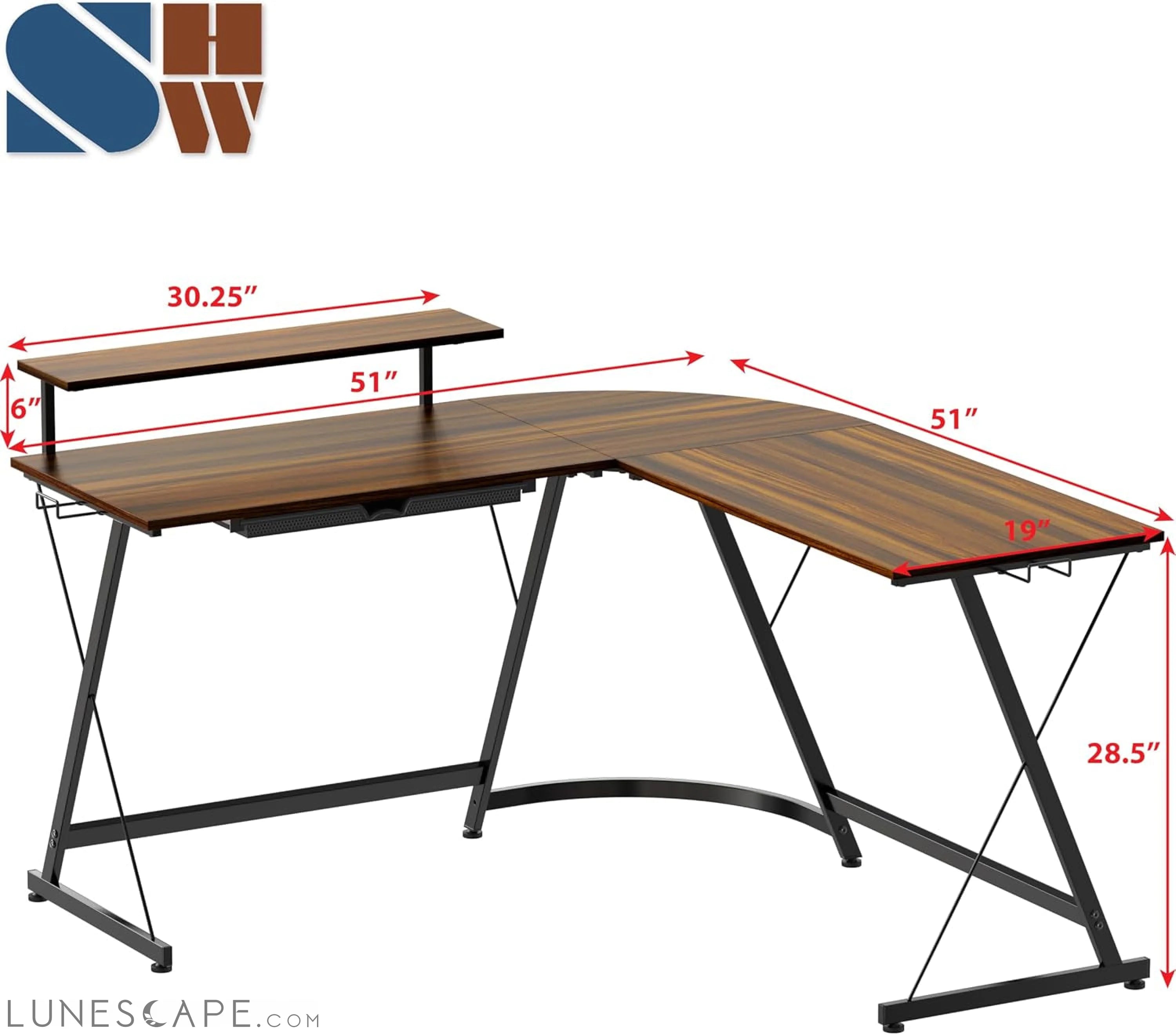 Vista L-Shape Desk with Monitor Stand, Walnut LUNESCAPE