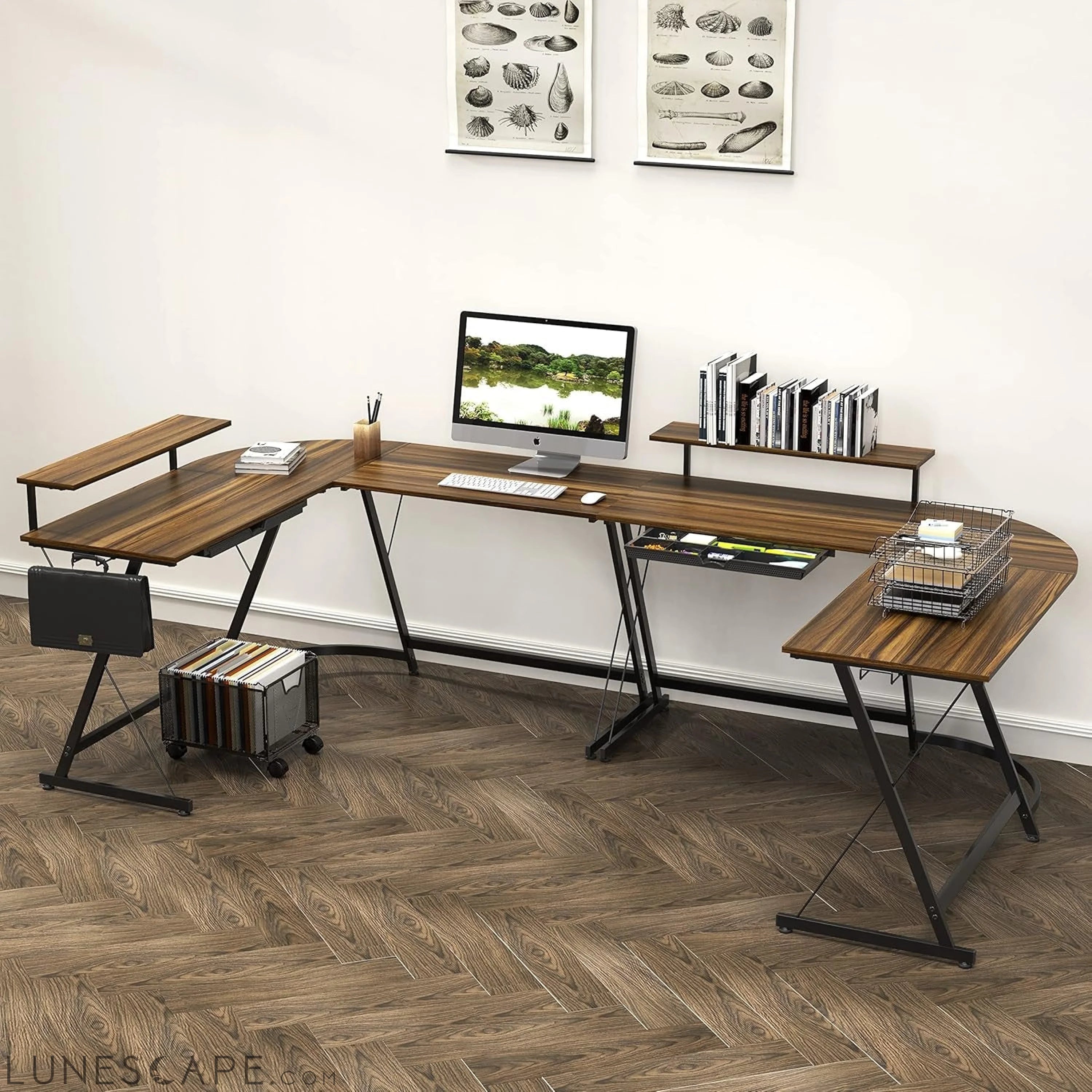 Vista L-Shape Desk with Monitor Stand, Walnut LUNESCAPE