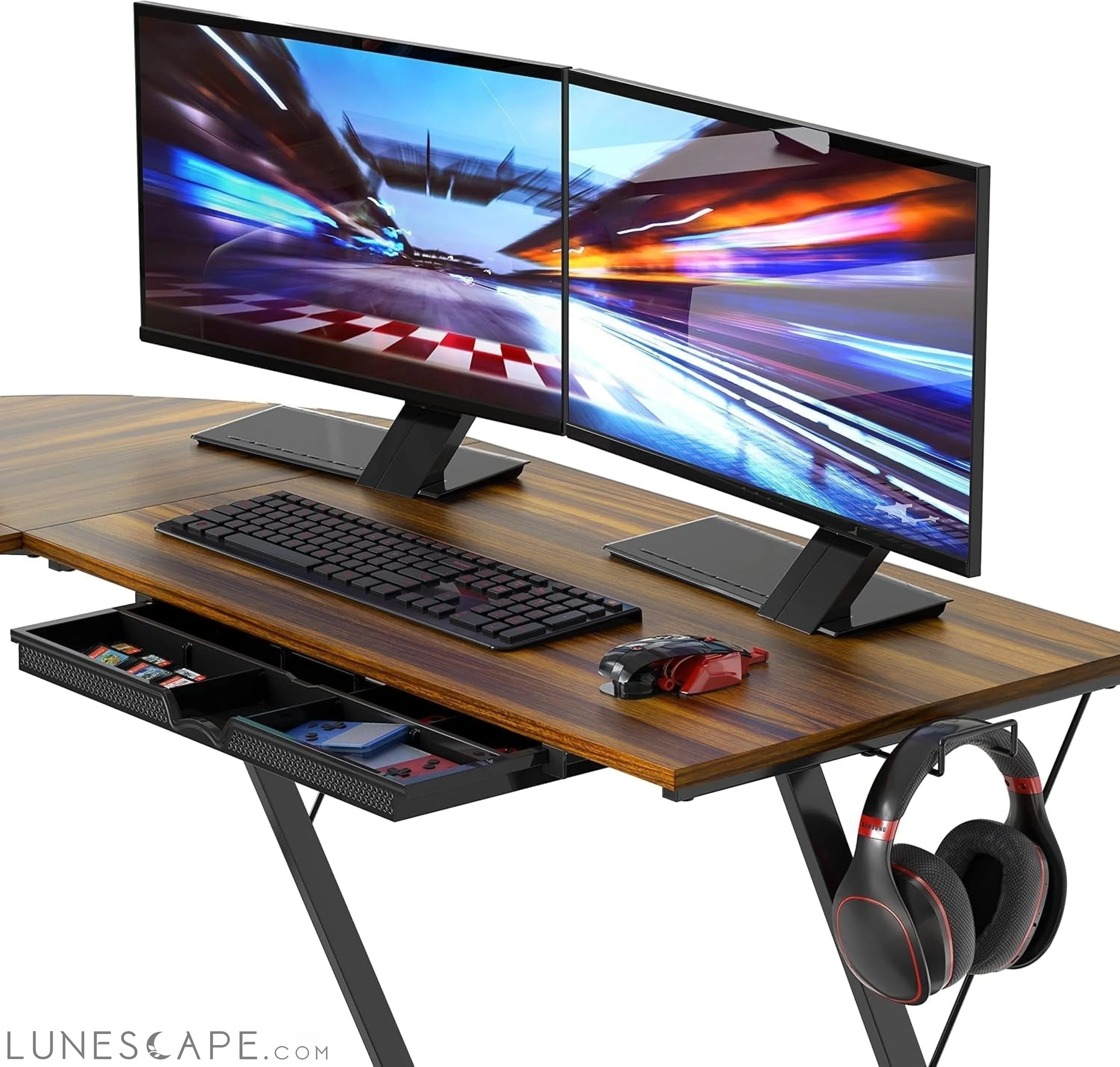 Vista L-Shape Desk with Monitor Stand, Walnut LUNESCAPE