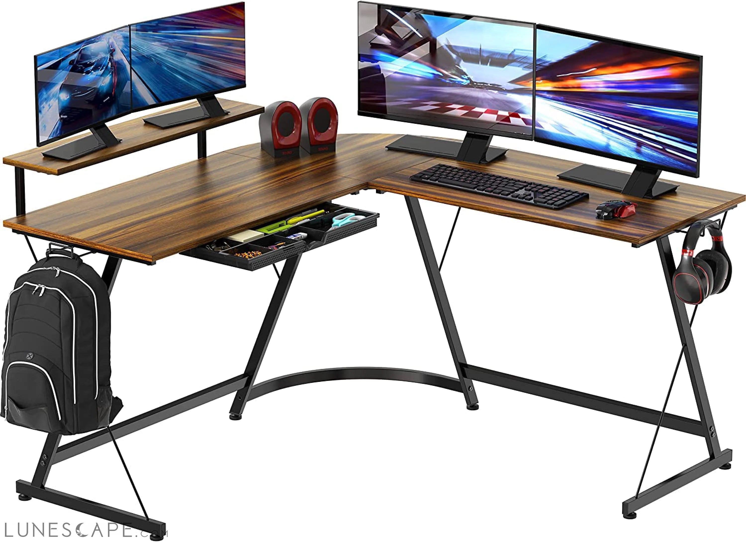 Vista L-Shape Desk with Monitor Stand, Walnut LUNESCAPE