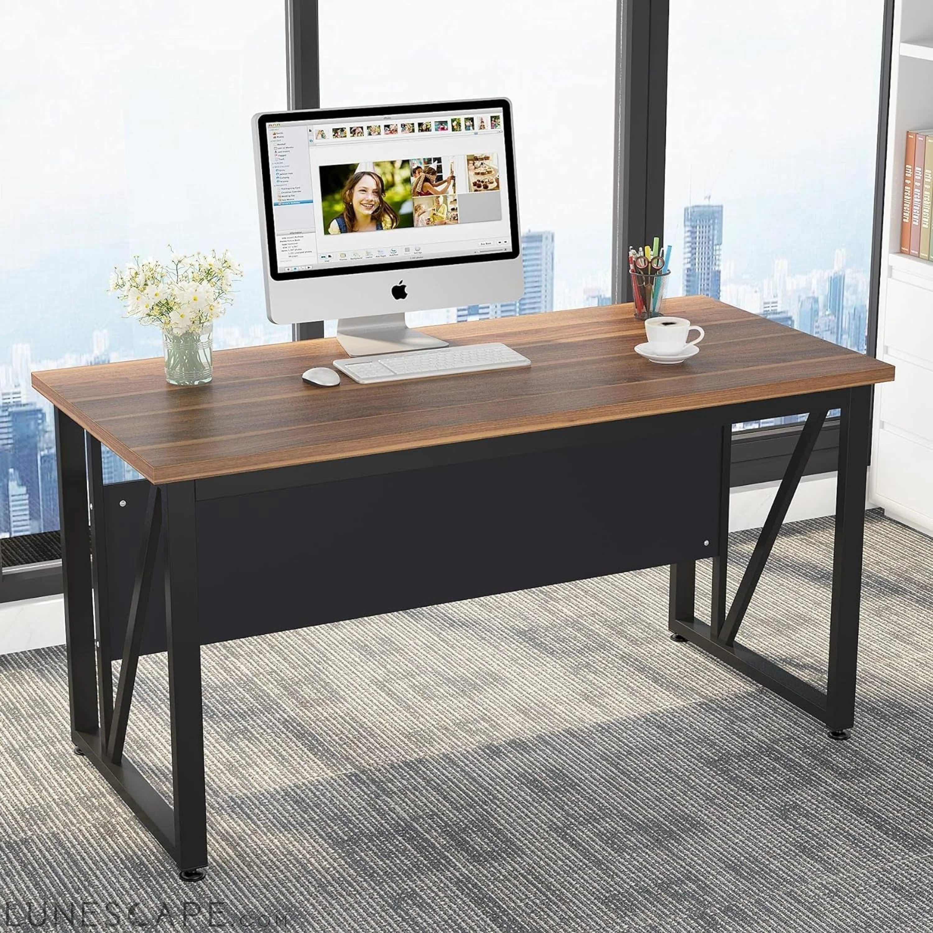Walnut L-Shaped Desk, 55", Storage LUNESCAPE
