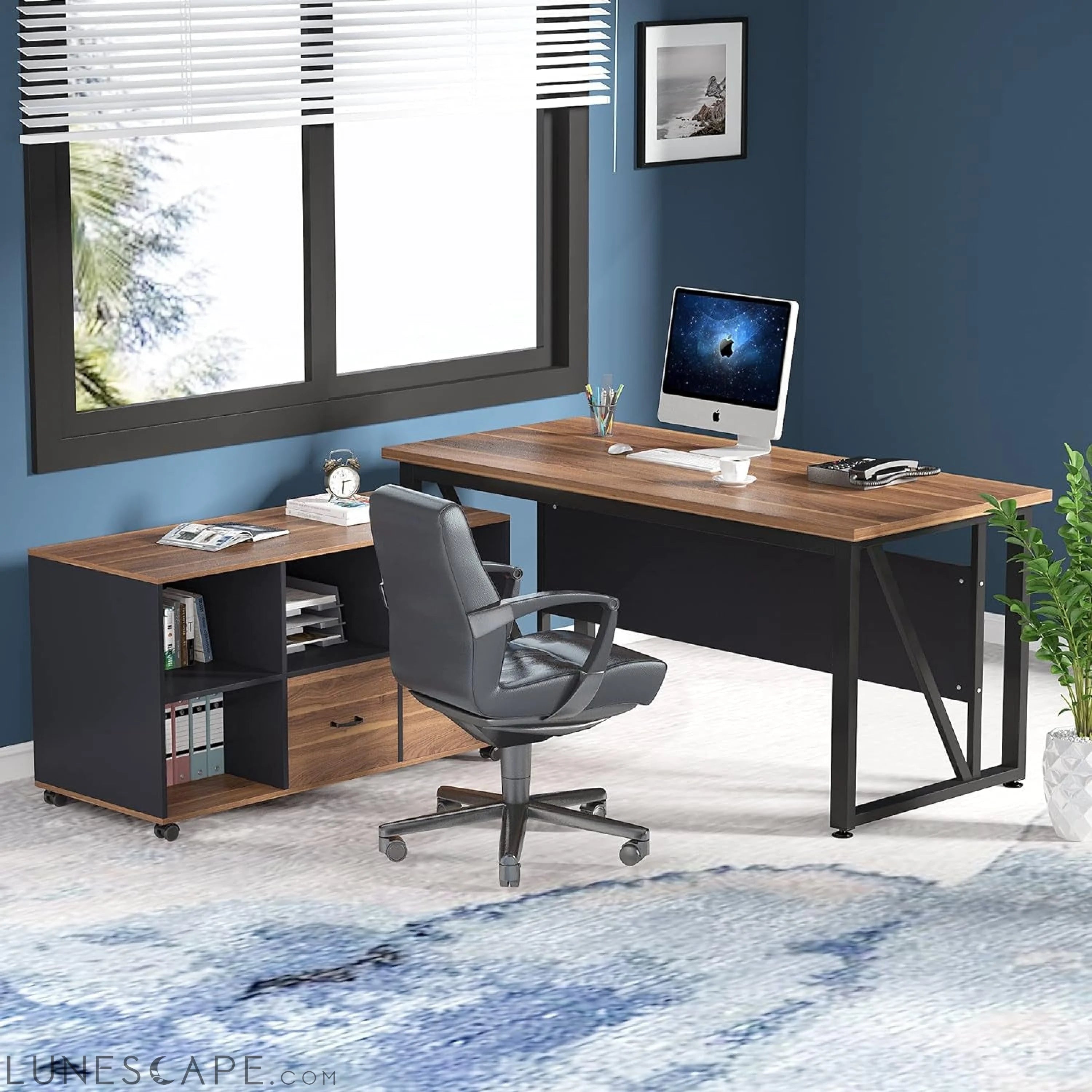 Walnut L-Shaped Desk, 55", Storage LUNESCAPE