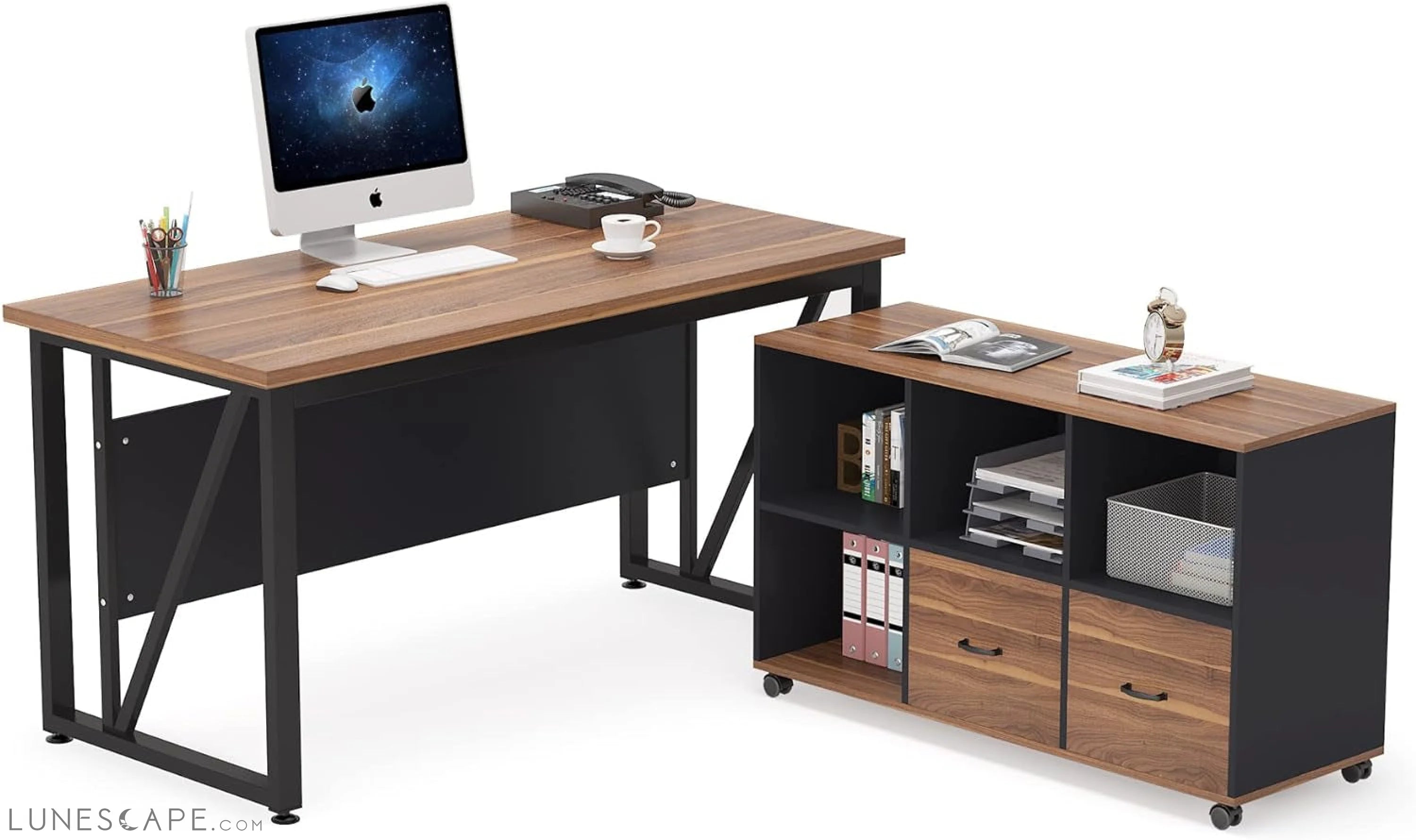 Walnut L-Shaped Desk, 55", Storage LUNESCAPE