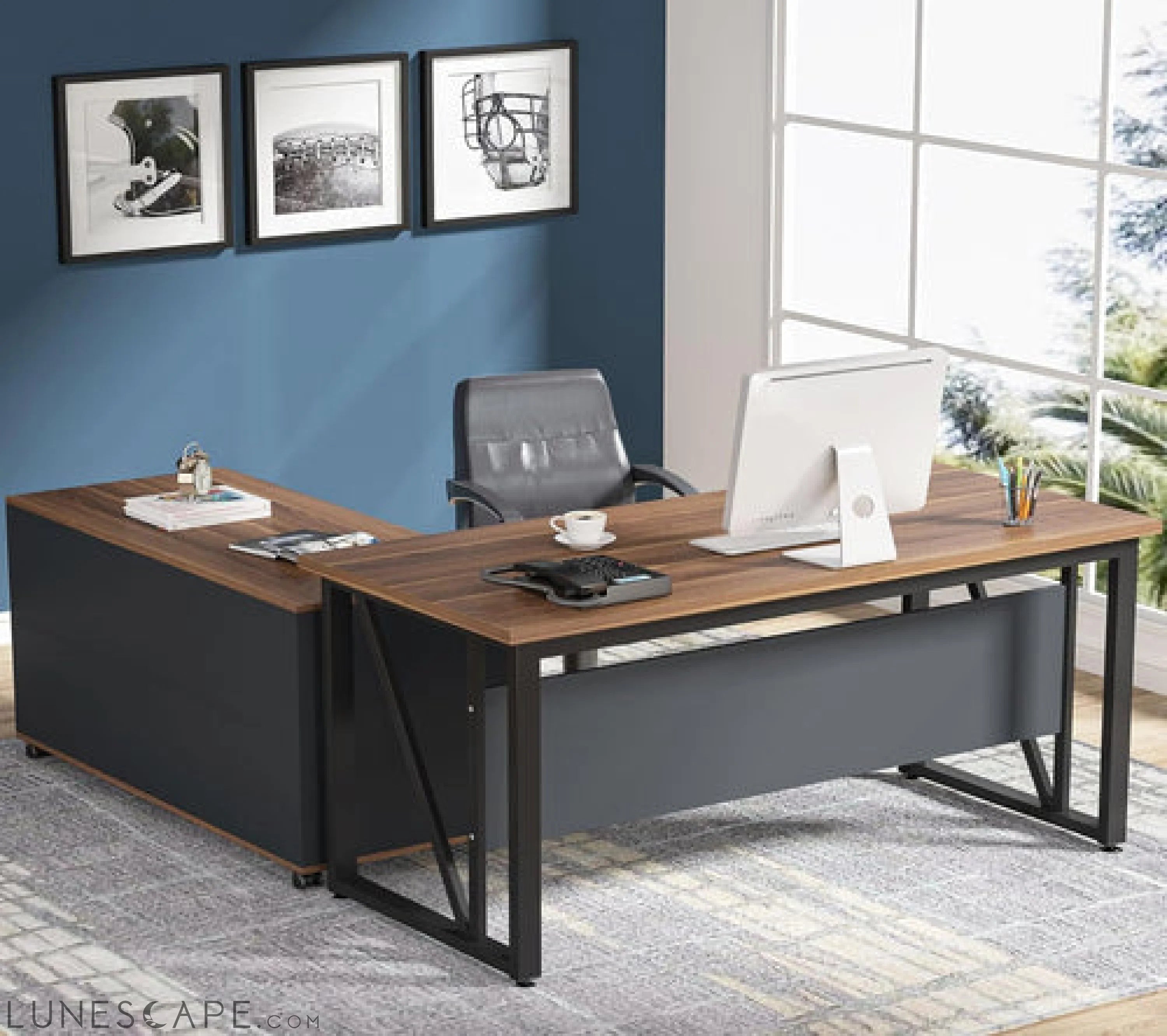 Walnut L-Shaped Desk, 55", Storage LUNESCAPE