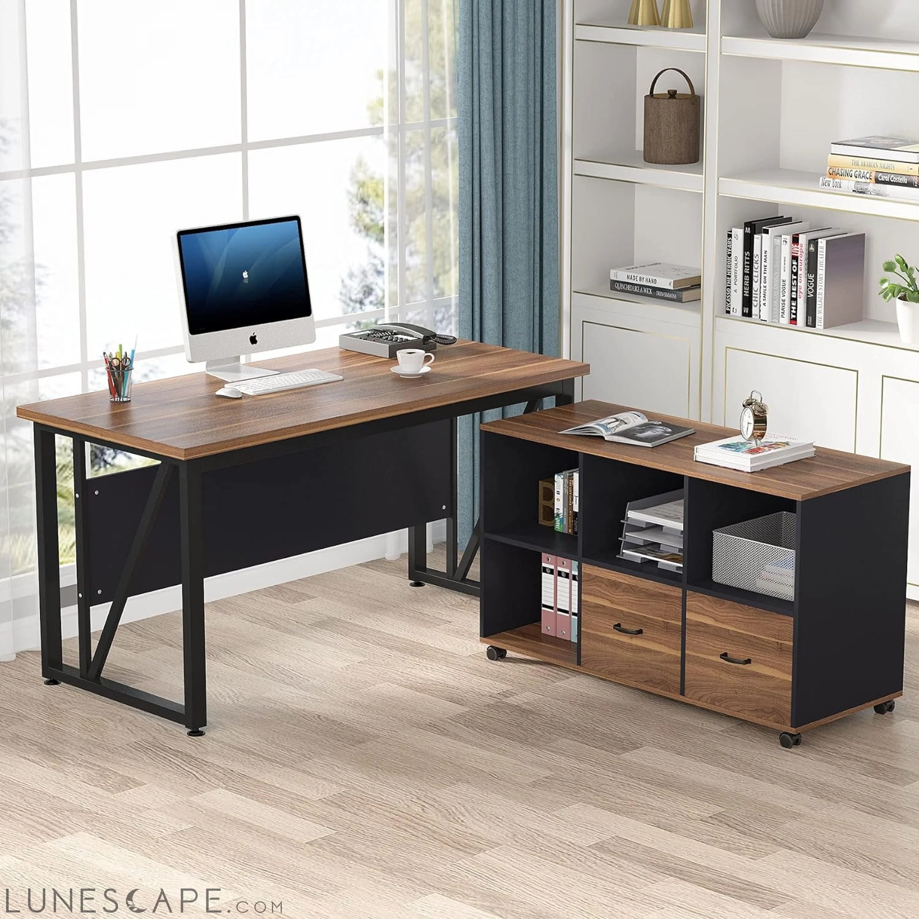 Walnut L-Shaped Desk, 55", Storage LUNESCAPE
