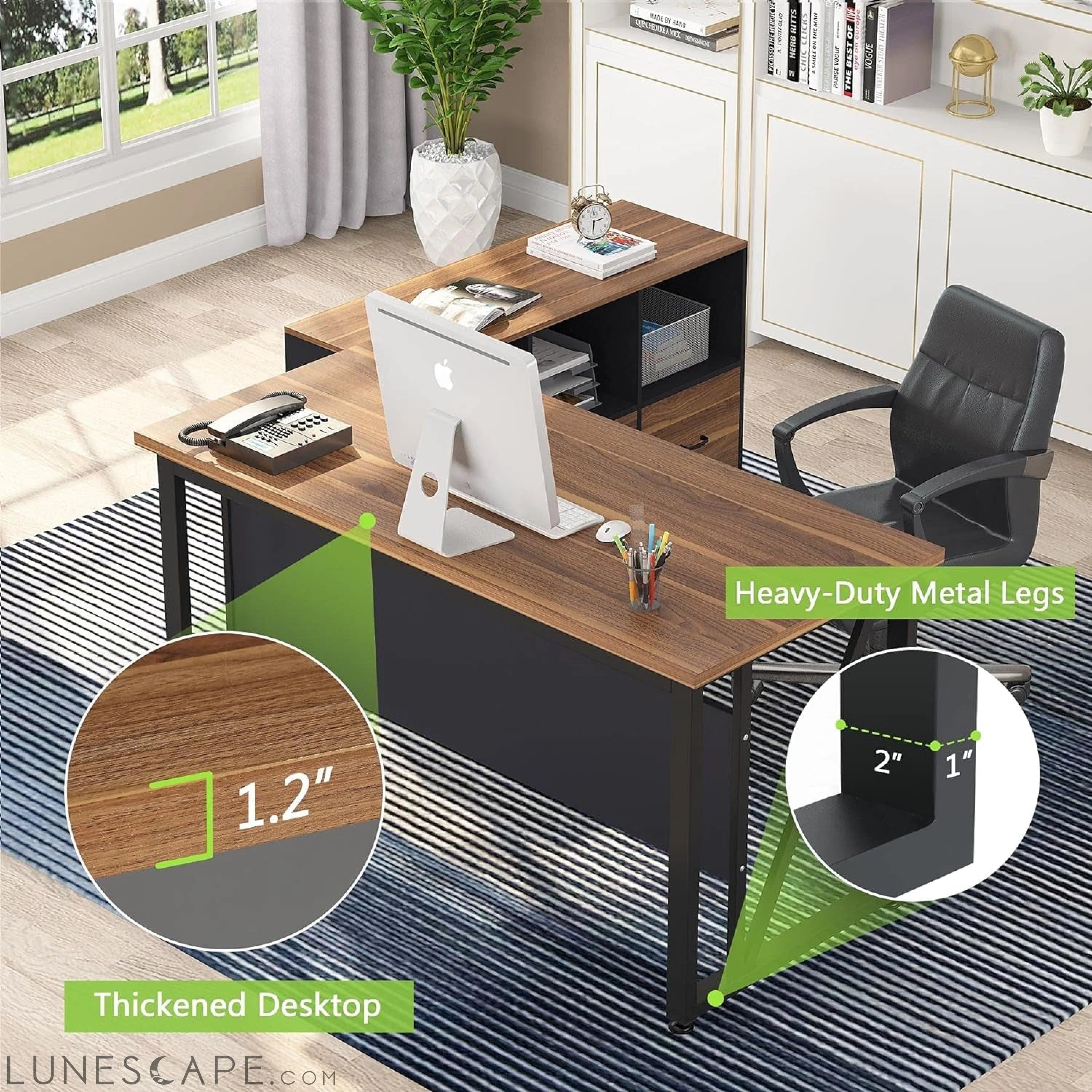 Walnut L-Shaped Desk, 55", Storage LUNESCAPE