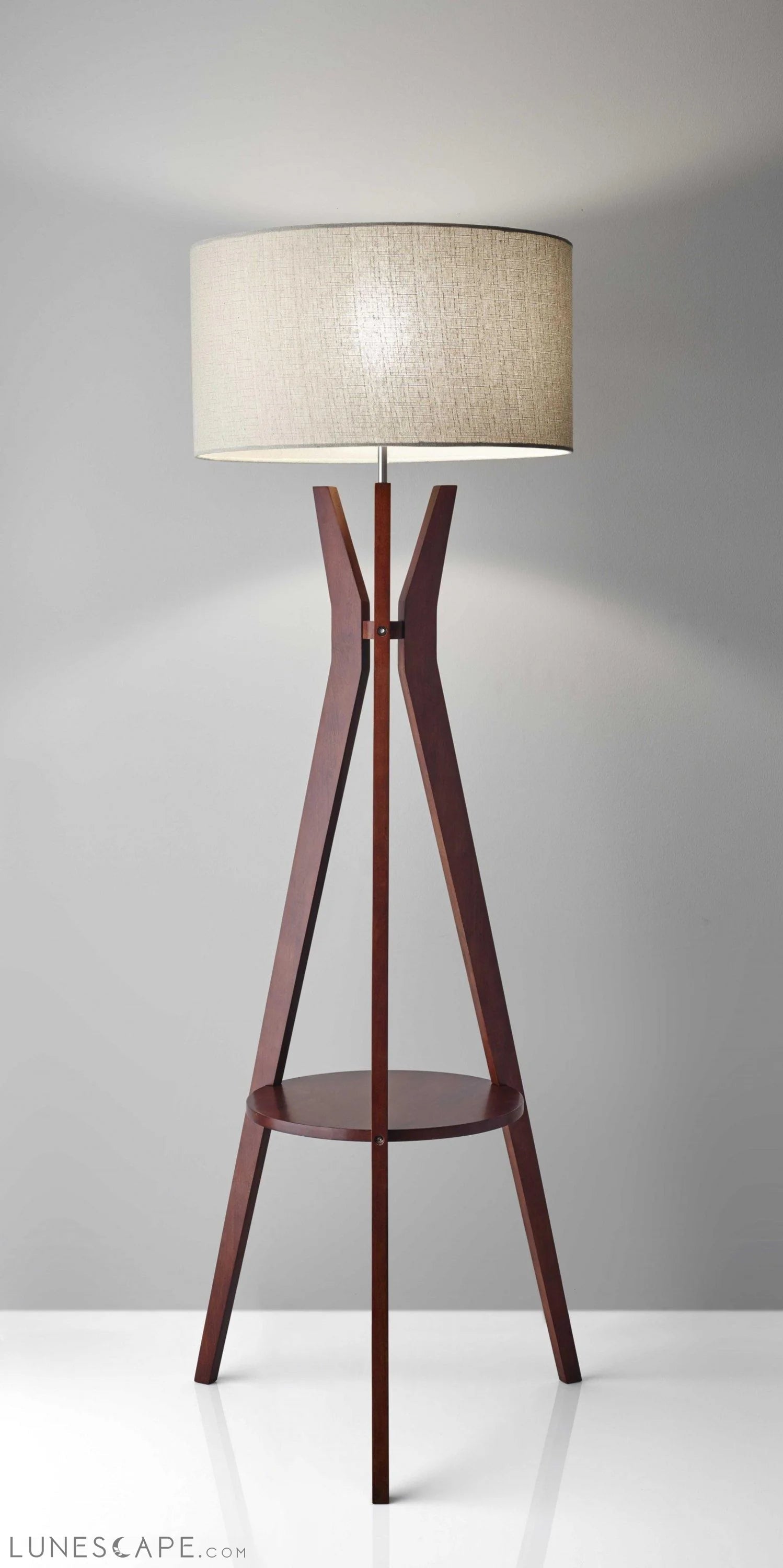 Walnut Wood Floor Lamp Tripod Base with Shelf LUNESCAPE
