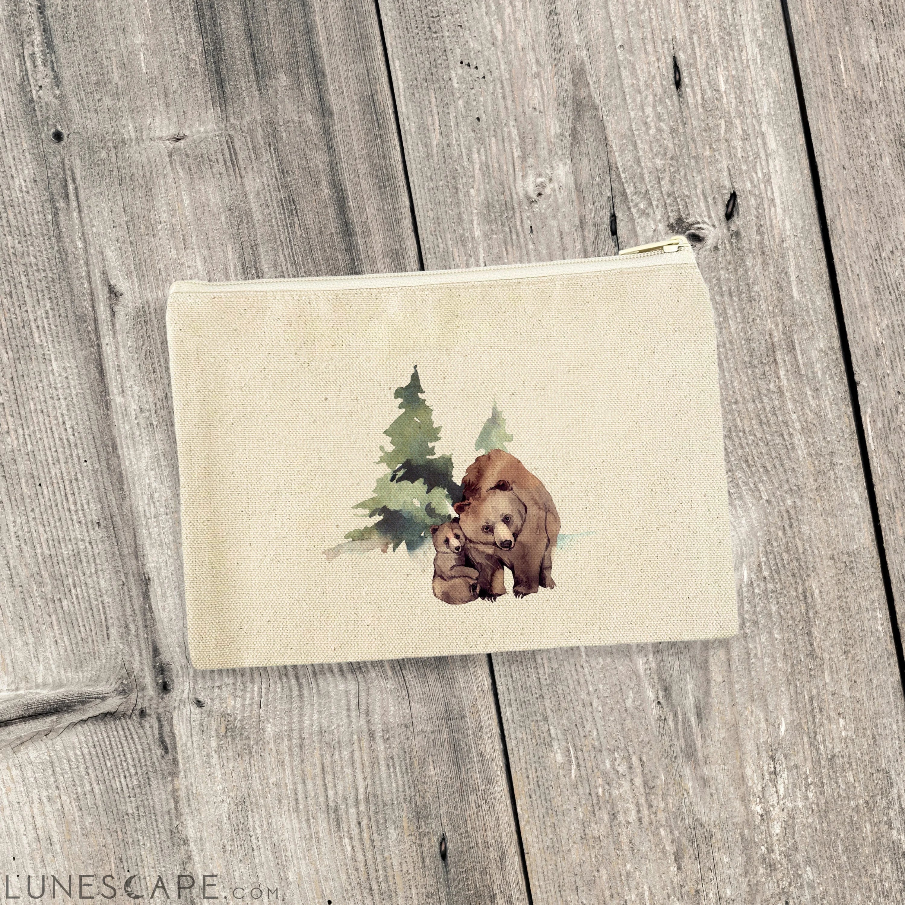 Watercolor Bear Scene - Canvas Zipper Pouch LUNESCAPE