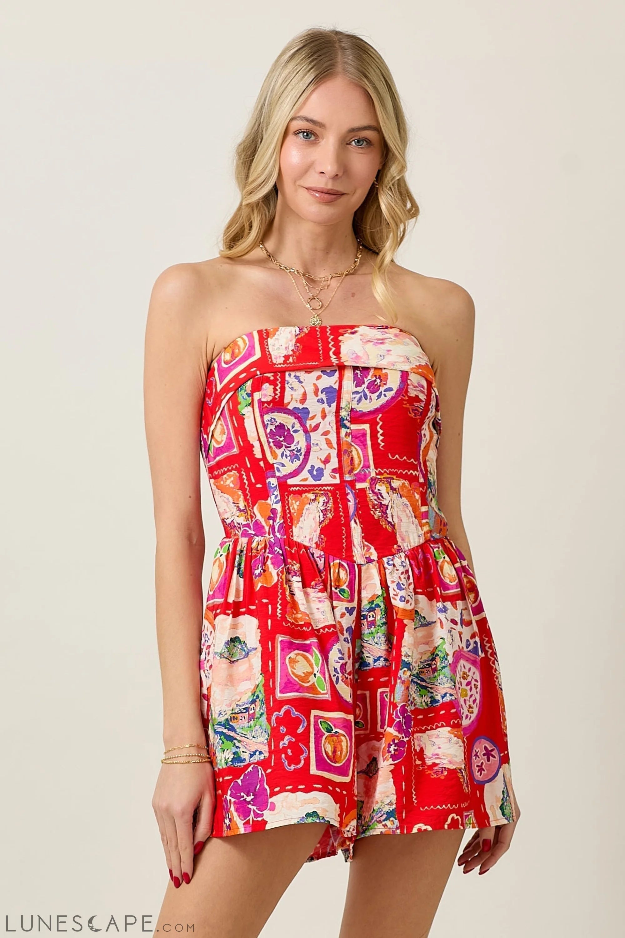 Watercolor Conversation Print Tube Romper LUNESCAPE