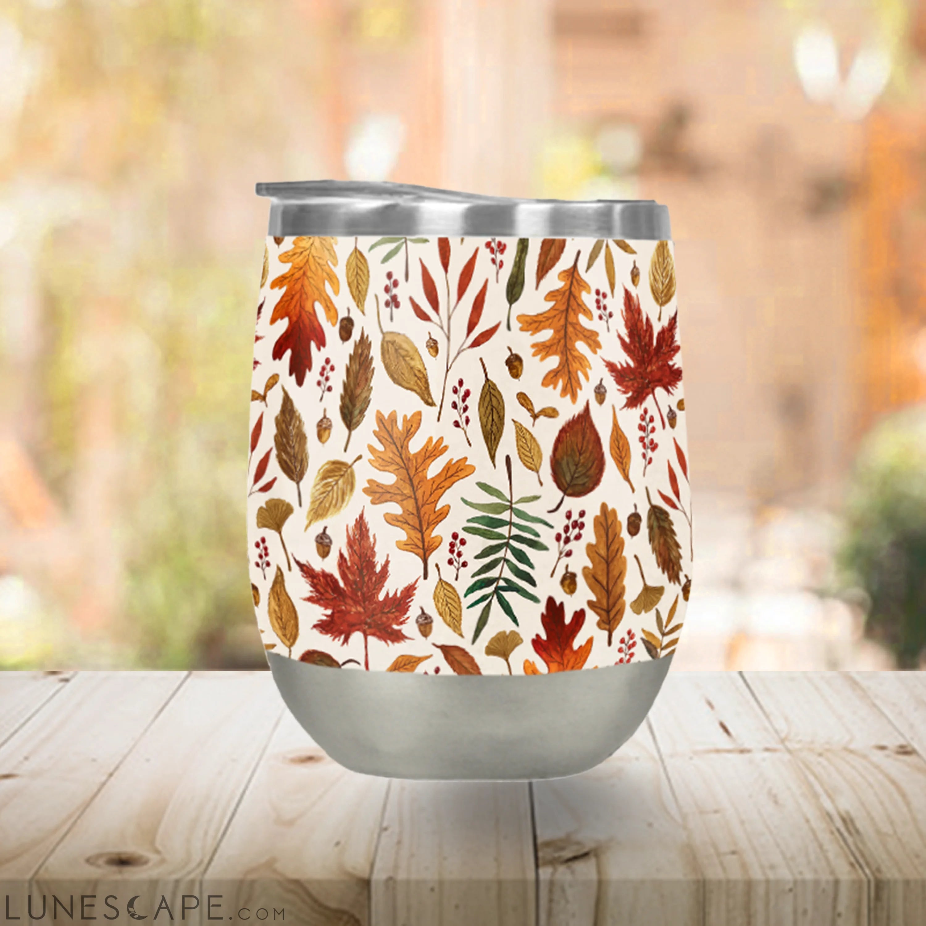 Watercolor Fall Leaves Stemless Wine Tumbler LUNESCAPE