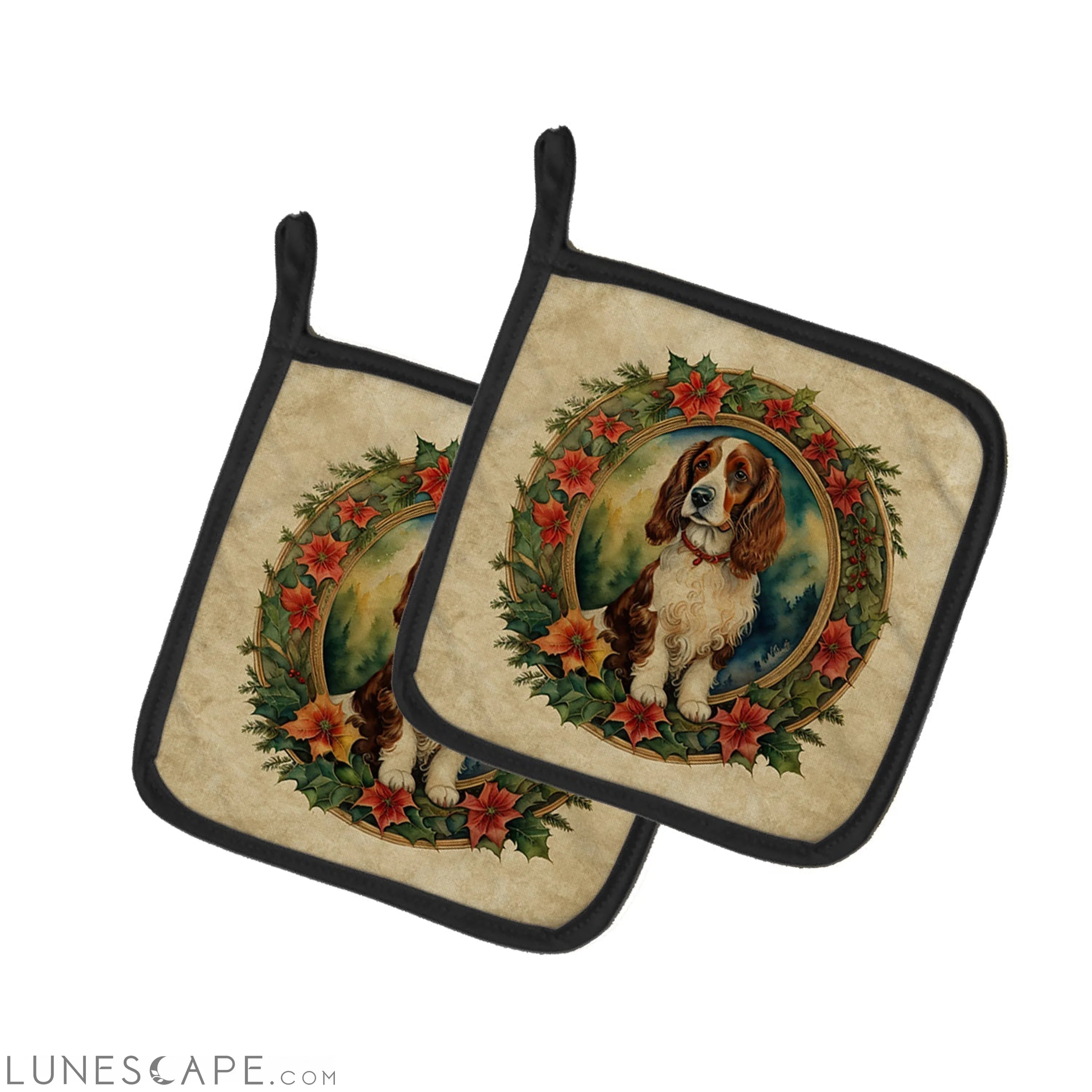 Welsh Springer Spaniel Christmas Flowers Pair of Pot Holders LUNESCAPE