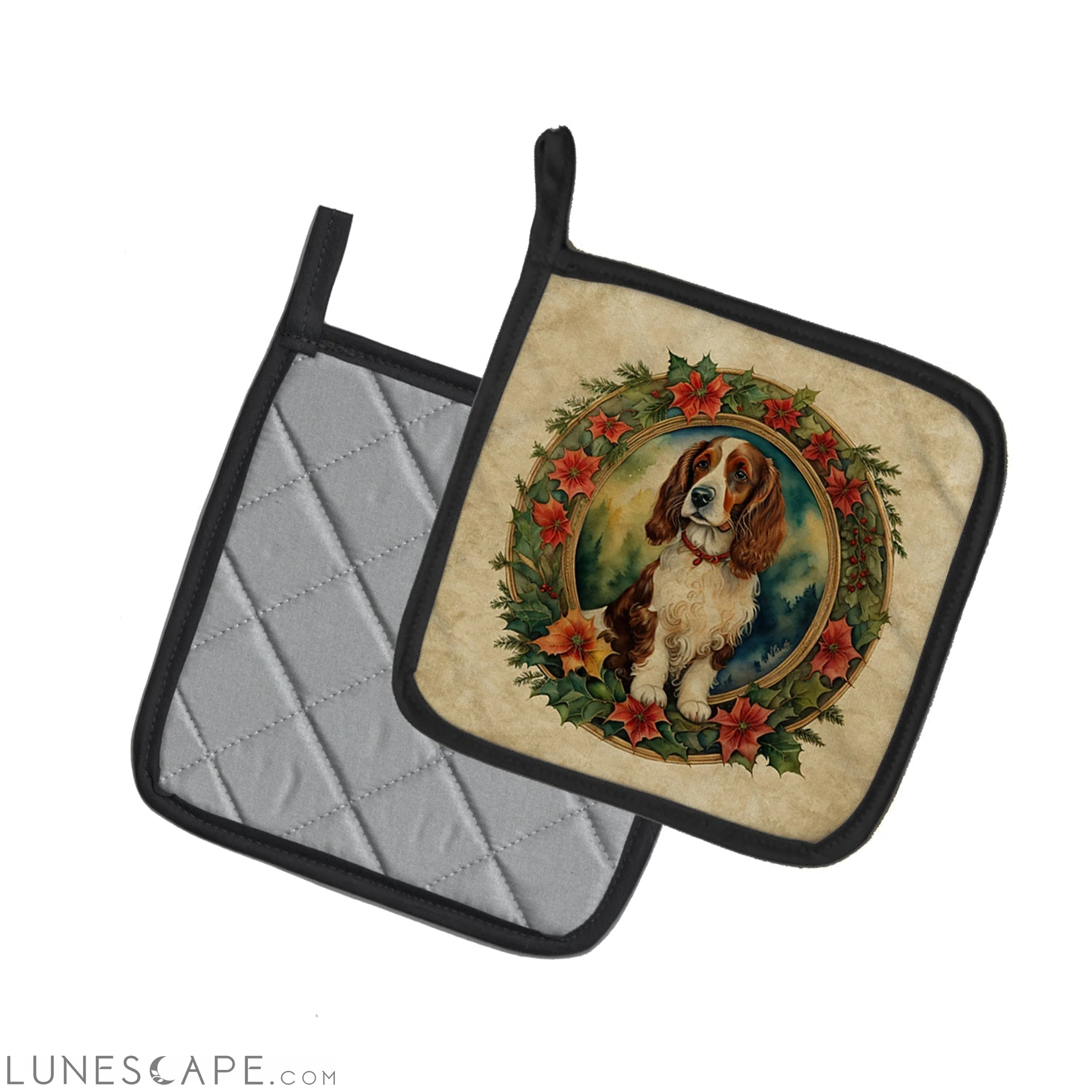 Welsh Springer Spaniel Christmas Flowers Pair of Pot Holders LUNESCAPE