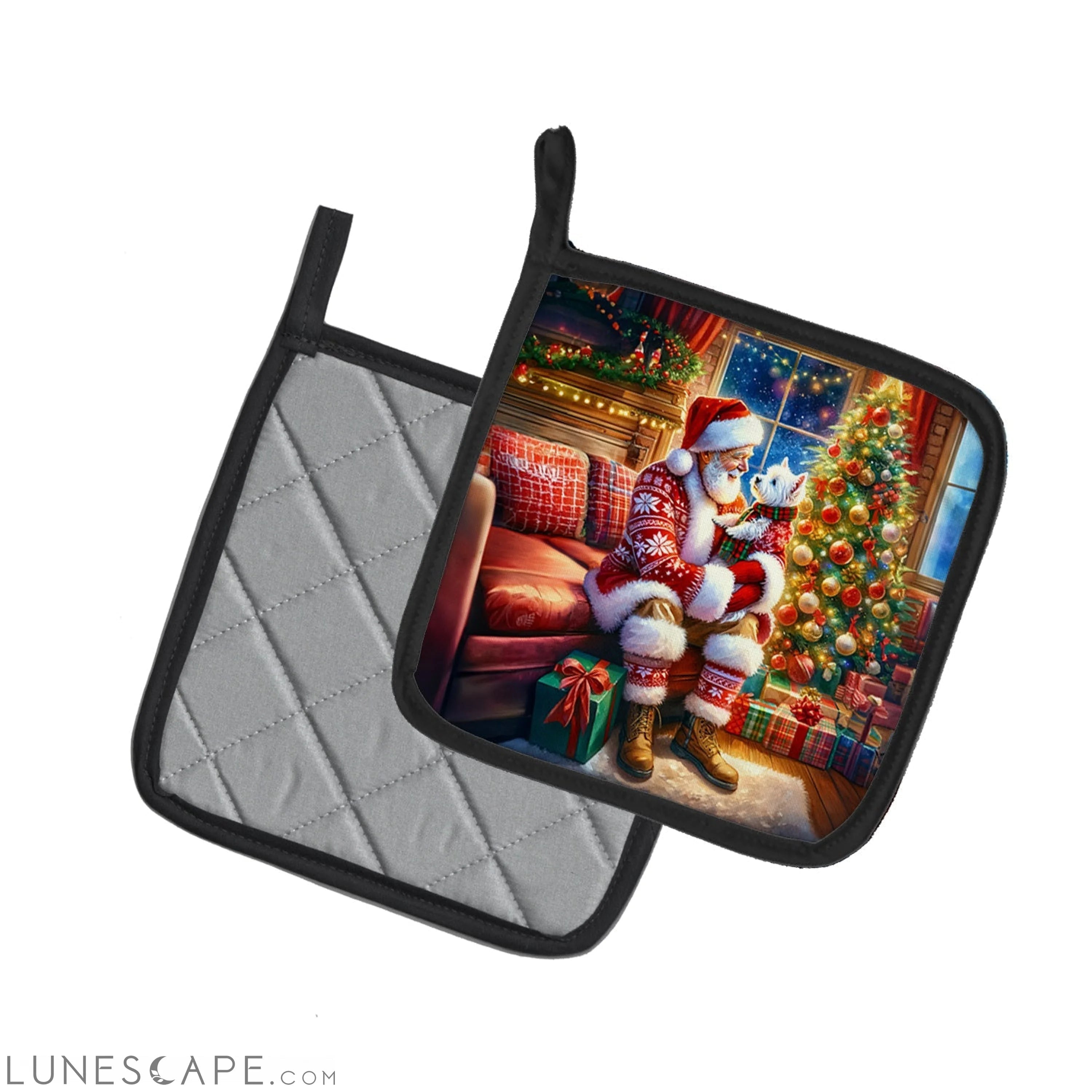 Westie and Santa Claus Pair of Pot Holders LUNESCAPE