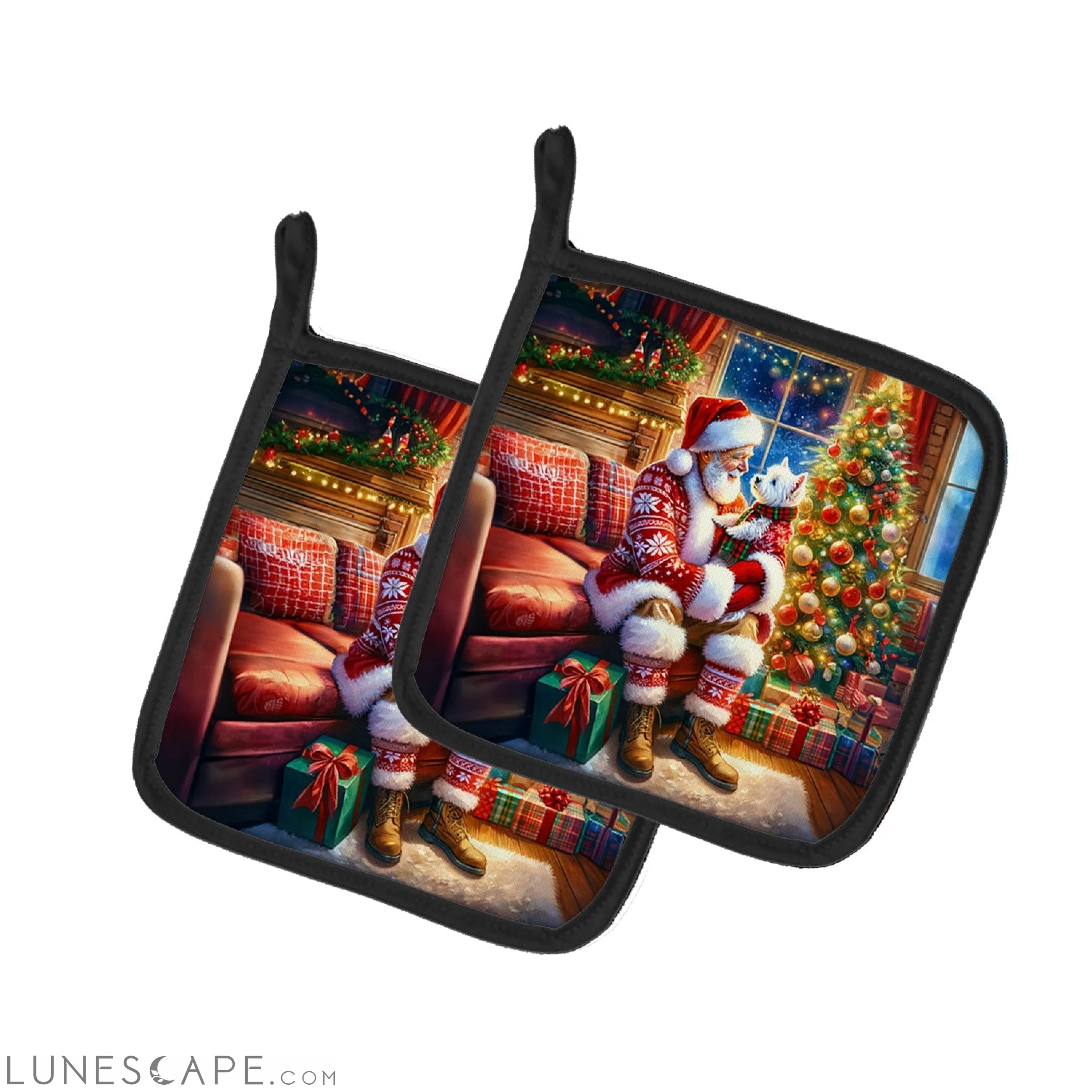 Westie and Santa Claus Pair of Pot Holders LUNESCAPE