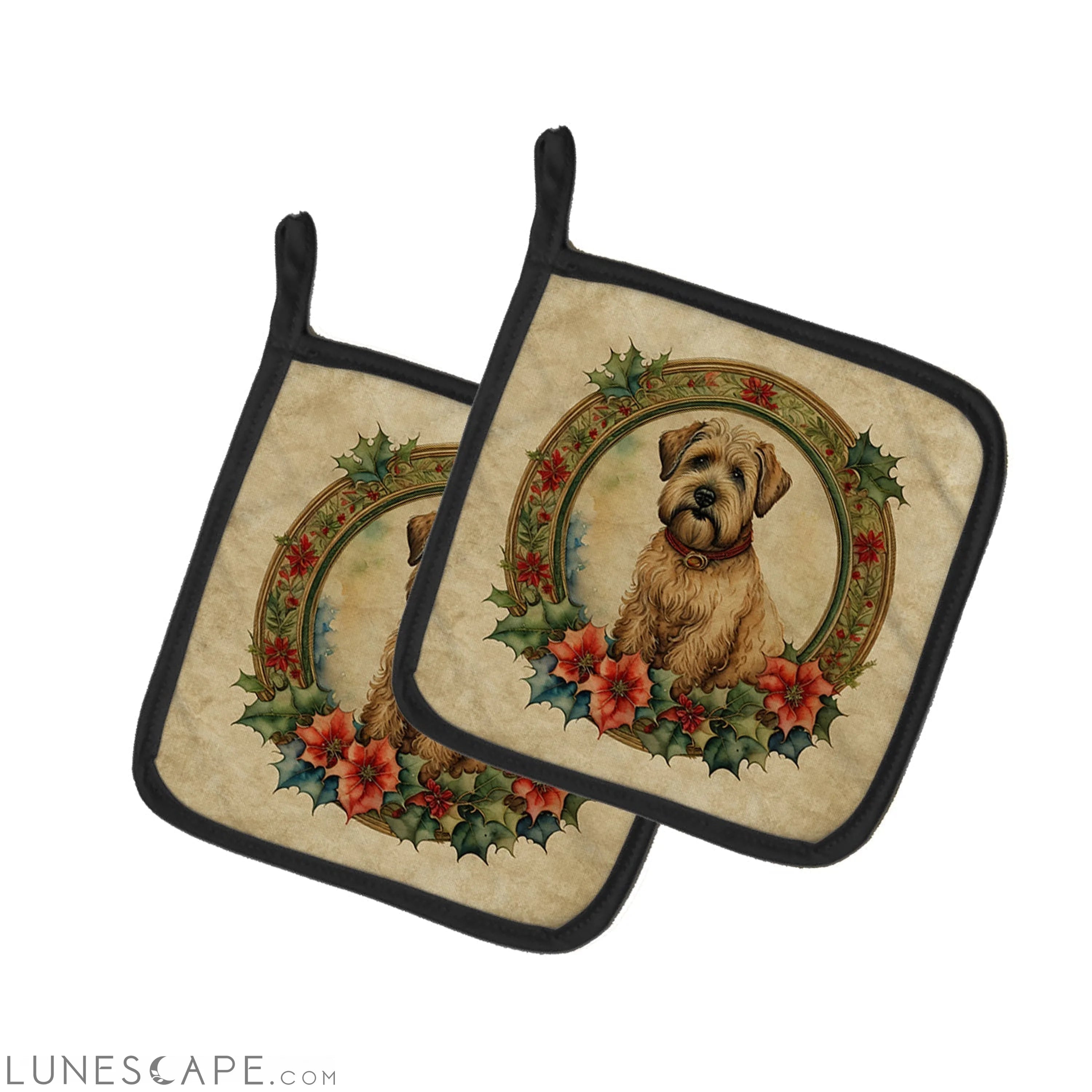 Wheaten Terrier Christmas Flowers Pair of Pot Holders LUNESCAPE