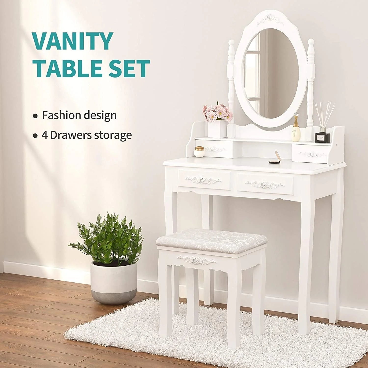 White Bedroom Makeup Table Set LUNESCAPE