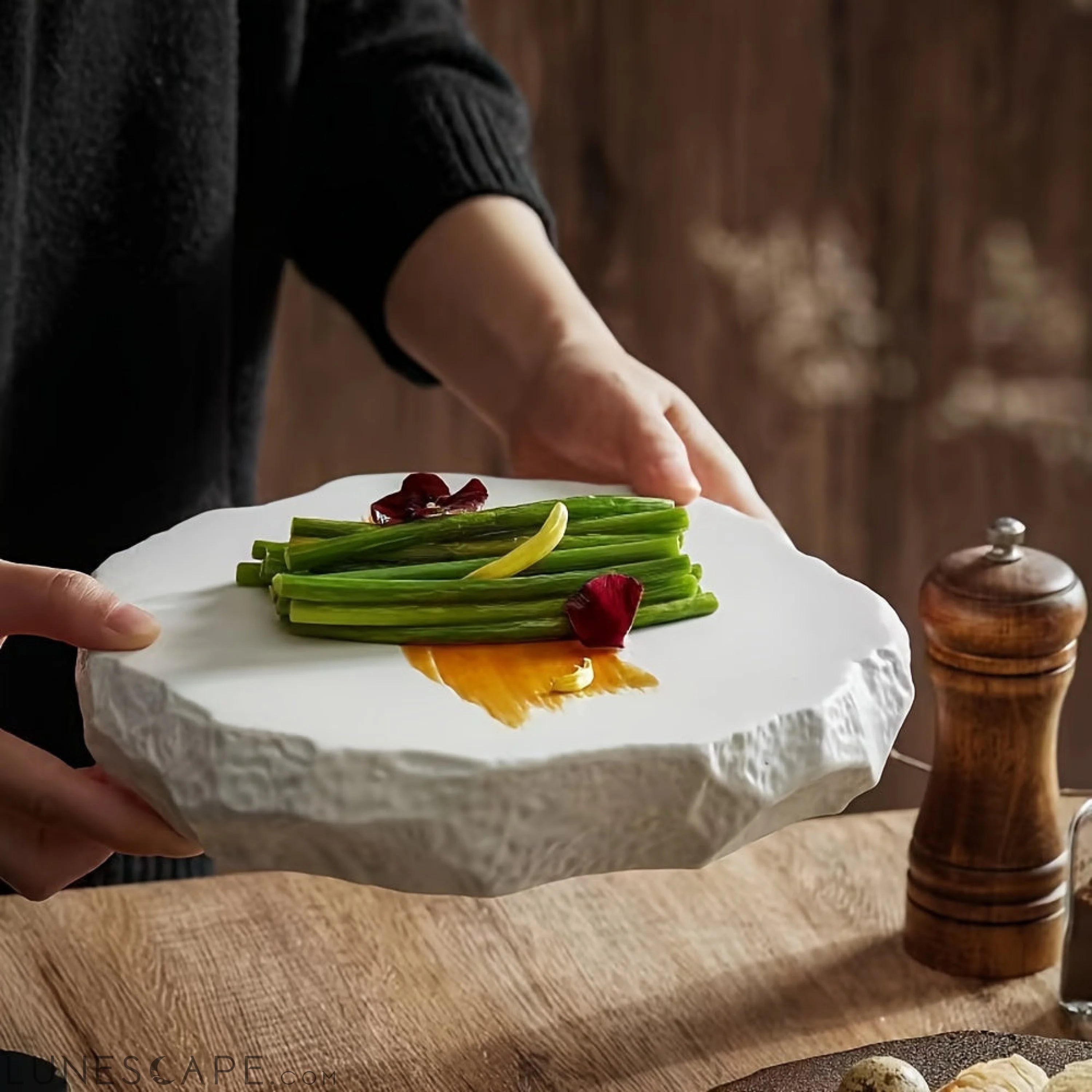 White Ceramic Dinner Plate with Unique Stone Pattern LUNESCAPE