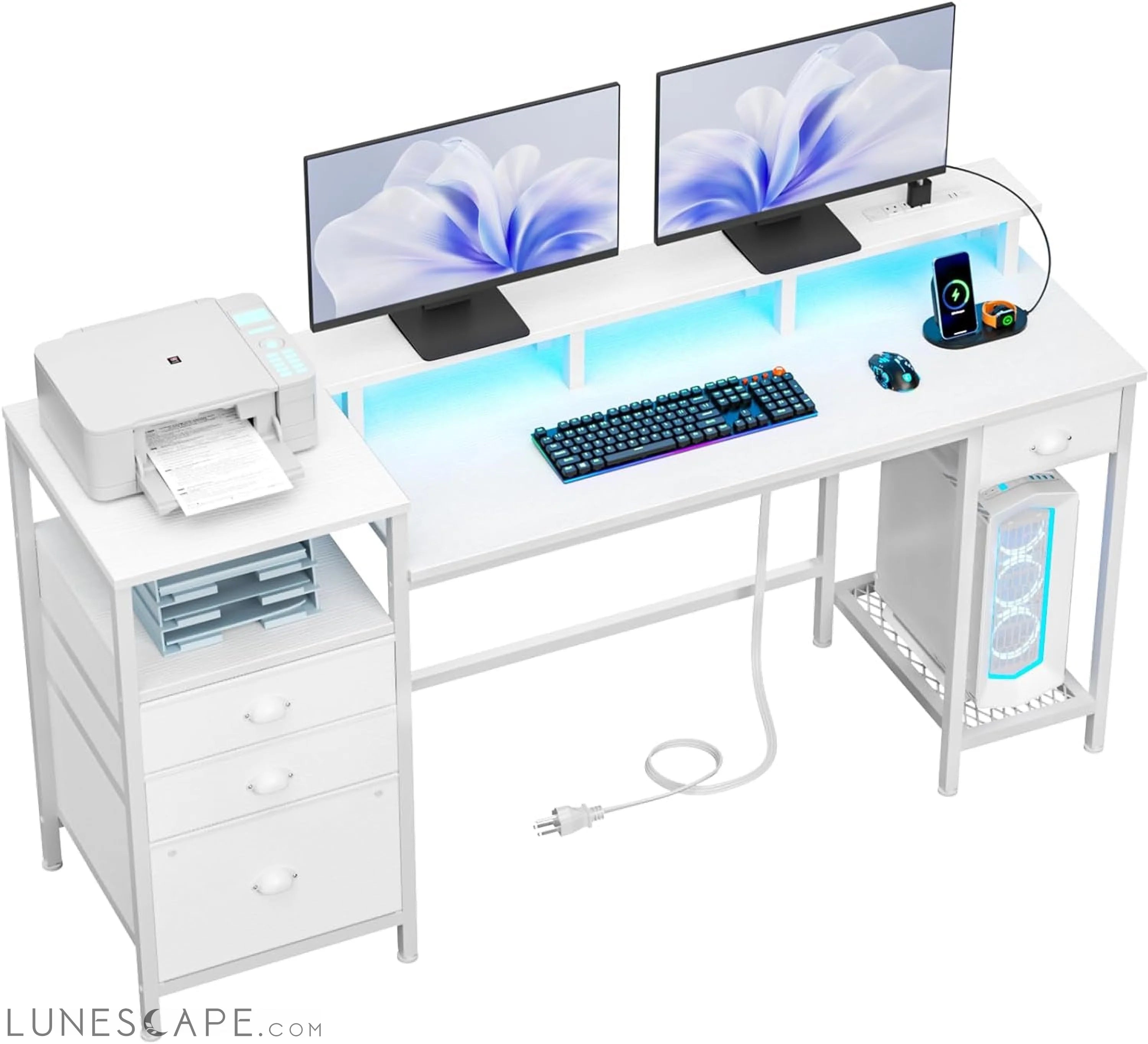 White Computer Desk with 4 Drawers, 60" Long Office Desk with Fabric LUNESCAPE