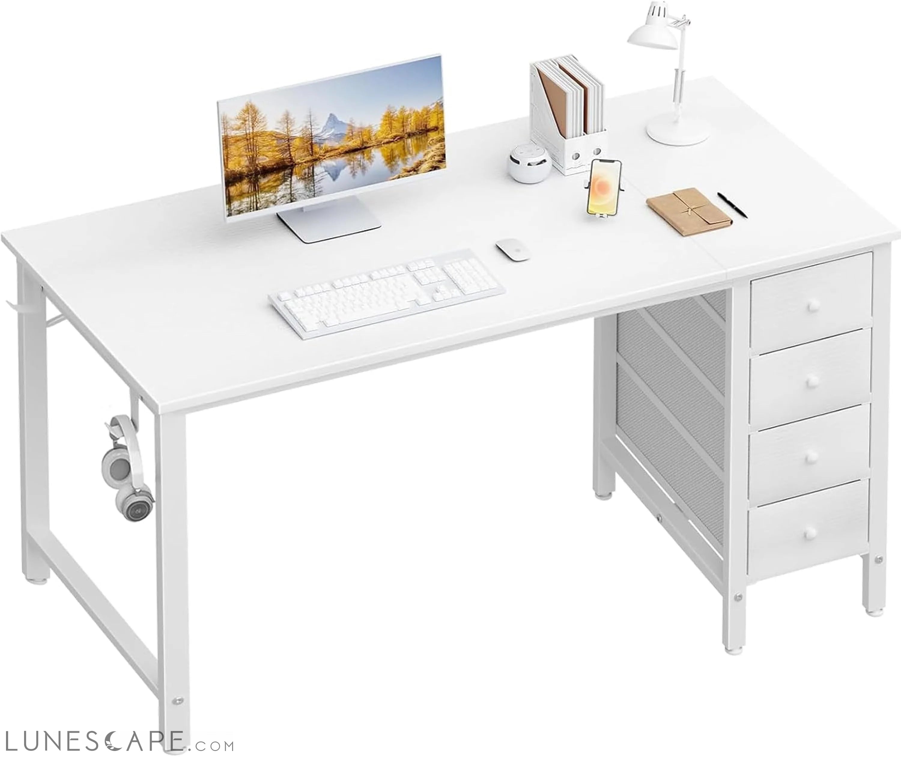 White Computer Desk with Drawers - 55 Inch Long Study Work Writing LUNESCAPE