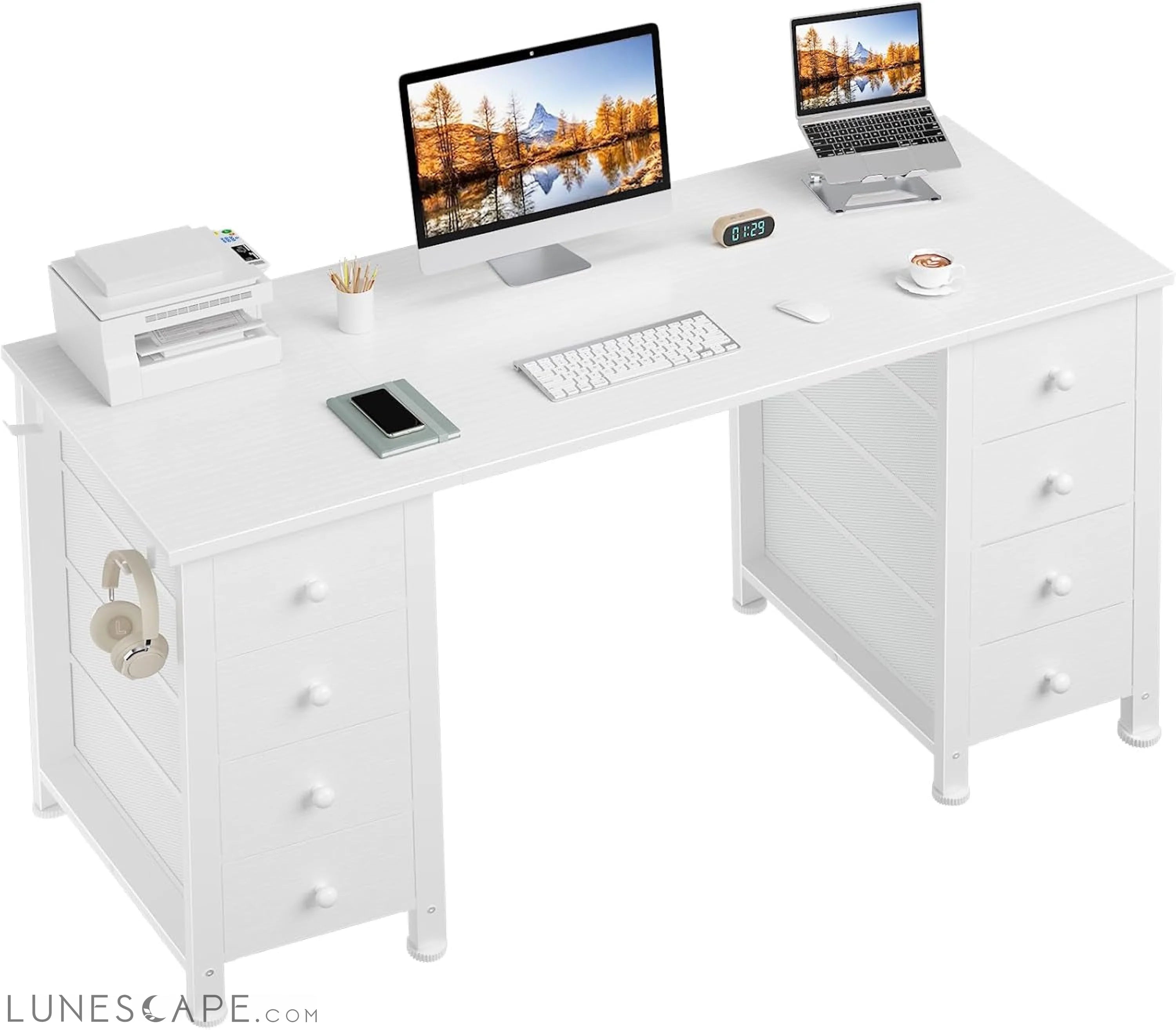 White Computer Desk with Drawers for Storage - 55 Inch Home Office LUNESCAPE
