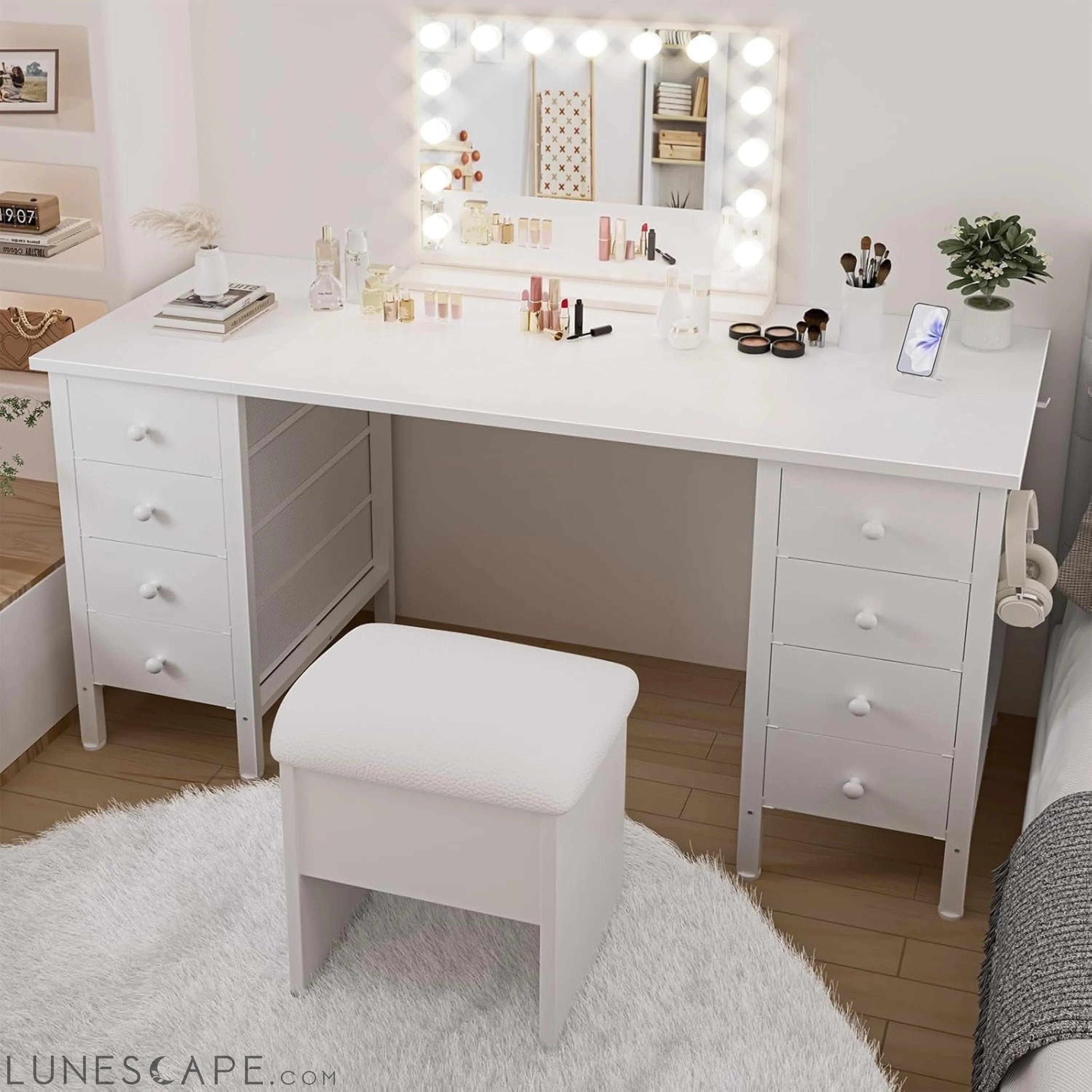 White Computer Desk with Drawers for Storage - 55 Inch Home Office LUNESCAPE