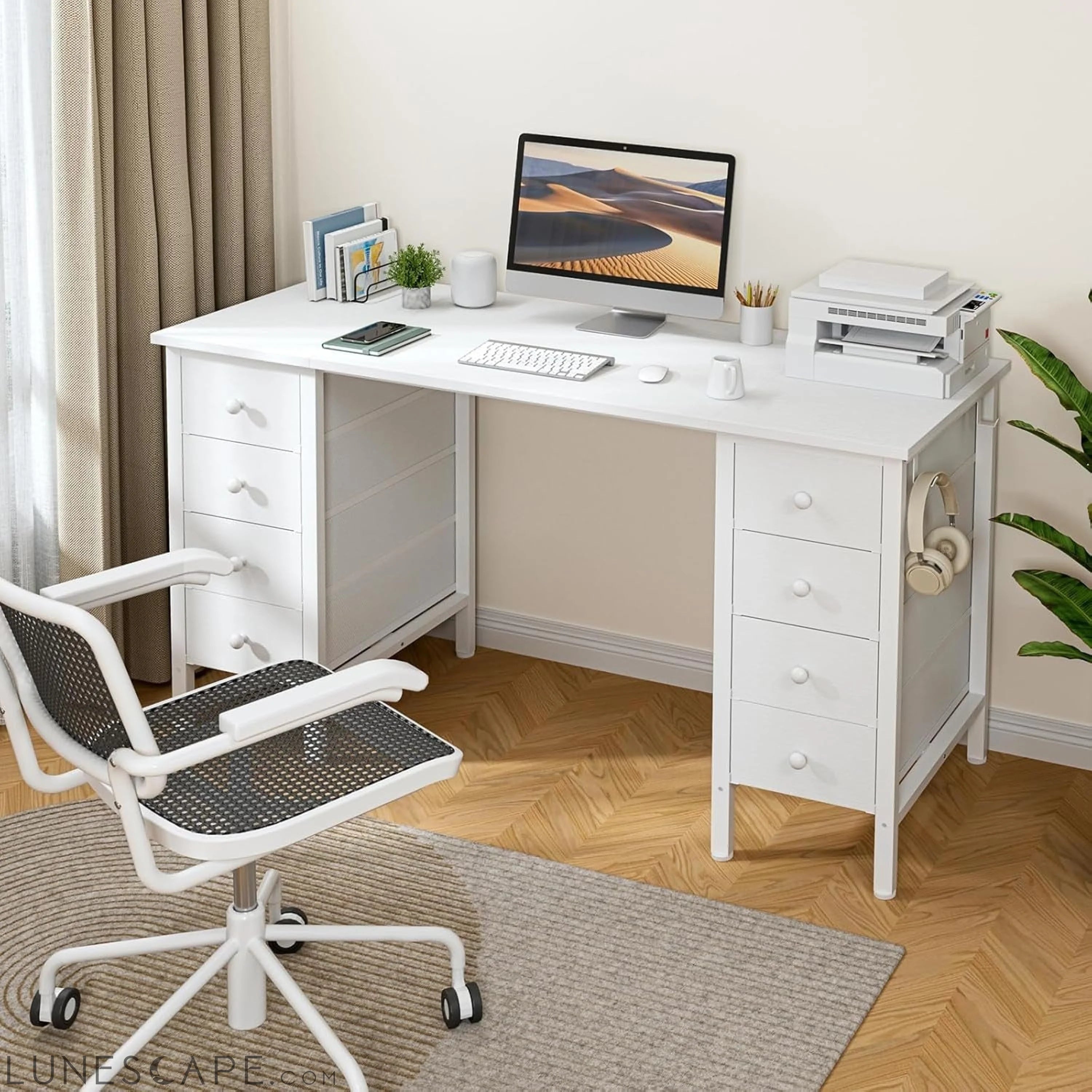 White Computer Desk with Drawers for Storage - 55 Inch Home Office LUNESCAPE