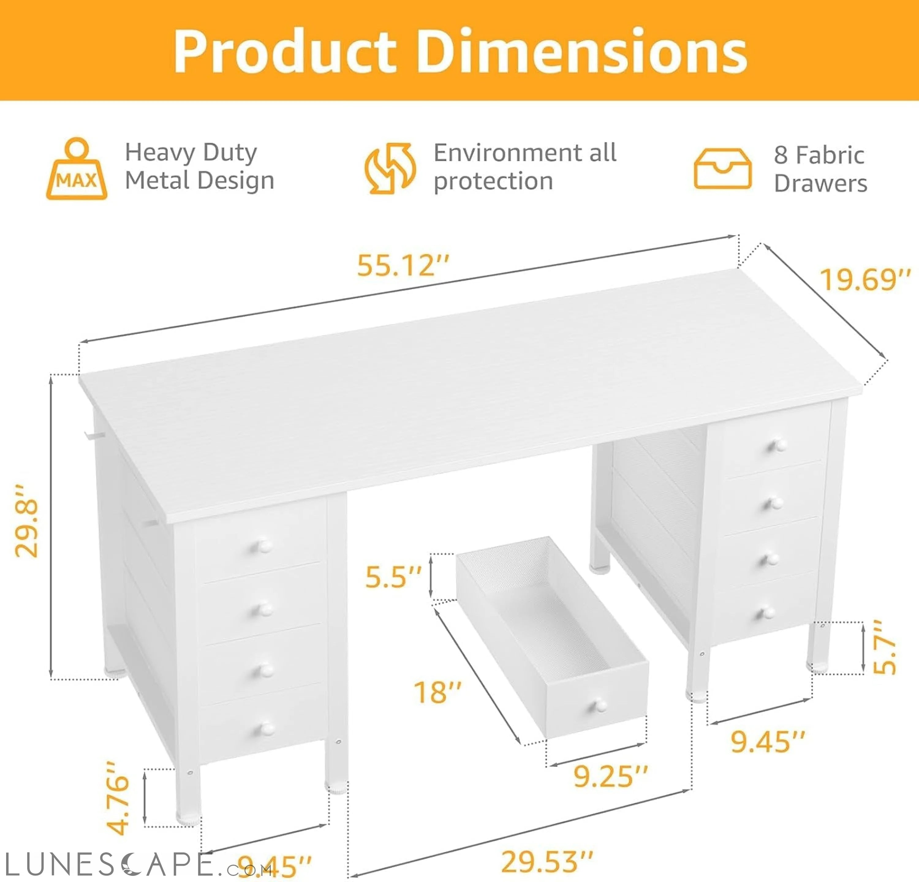 White Computer Desk with Drawers for Storage - 55 Inch Home Office LUNESCAPE