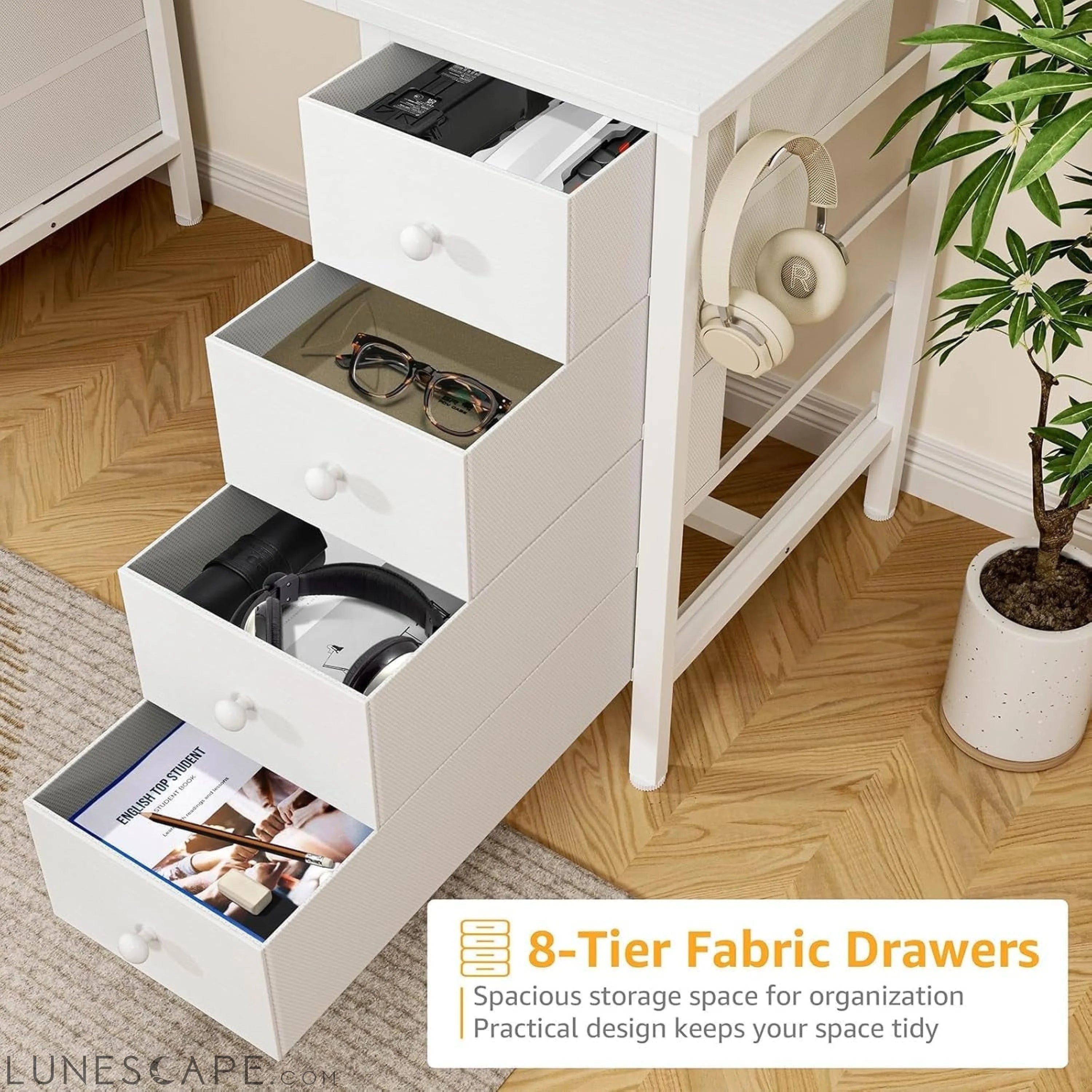 White Computer Desk with Drawers for Storage - 55 Inch Home Office LUNESCAPE