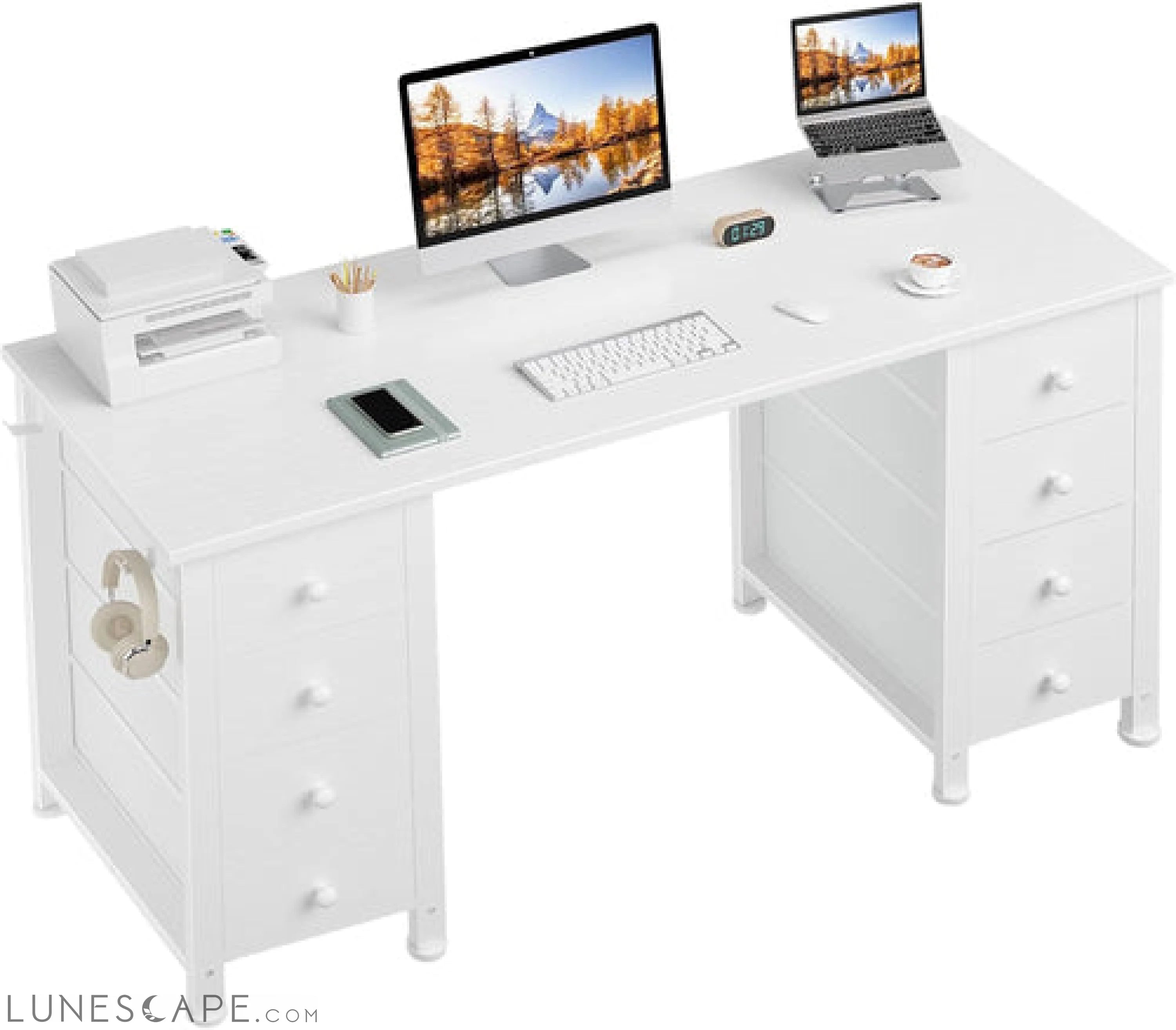 White Computer Desk with Drawers for Storage - 55 Inch Home Office LUNESCAPE