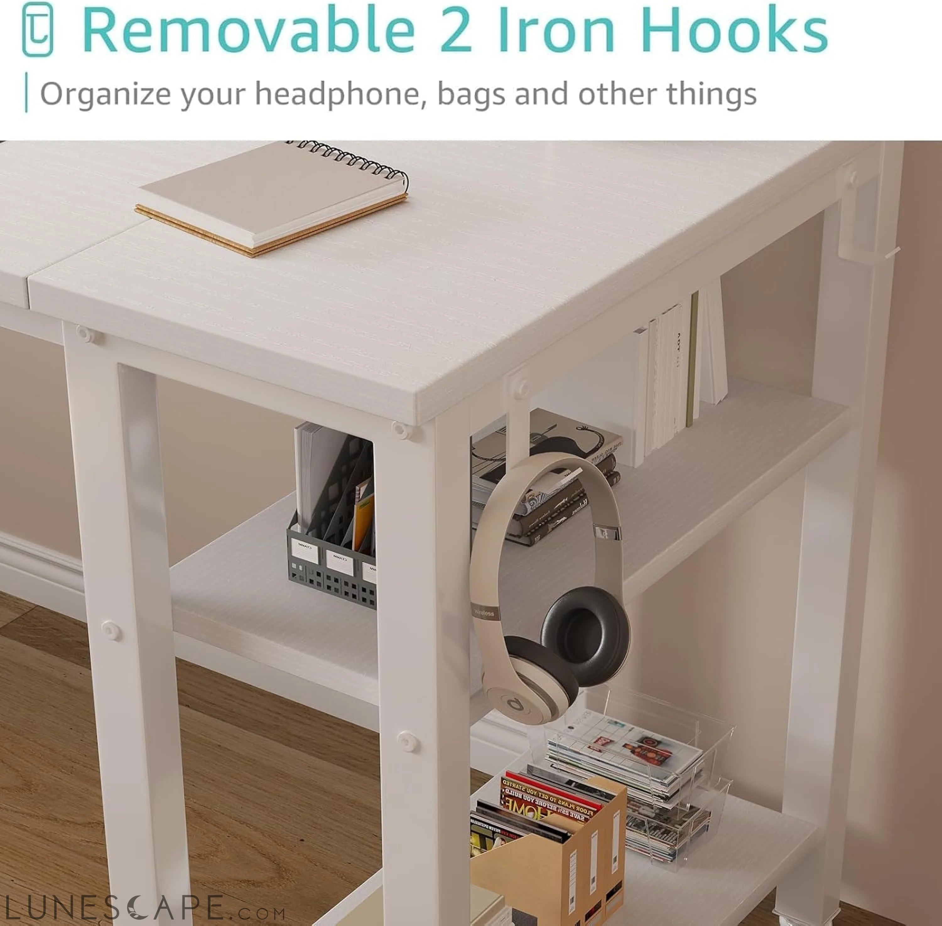 White Computer Desk with Fabric Drawers & Storage Shelves, 55 Inch LUNESCAPE