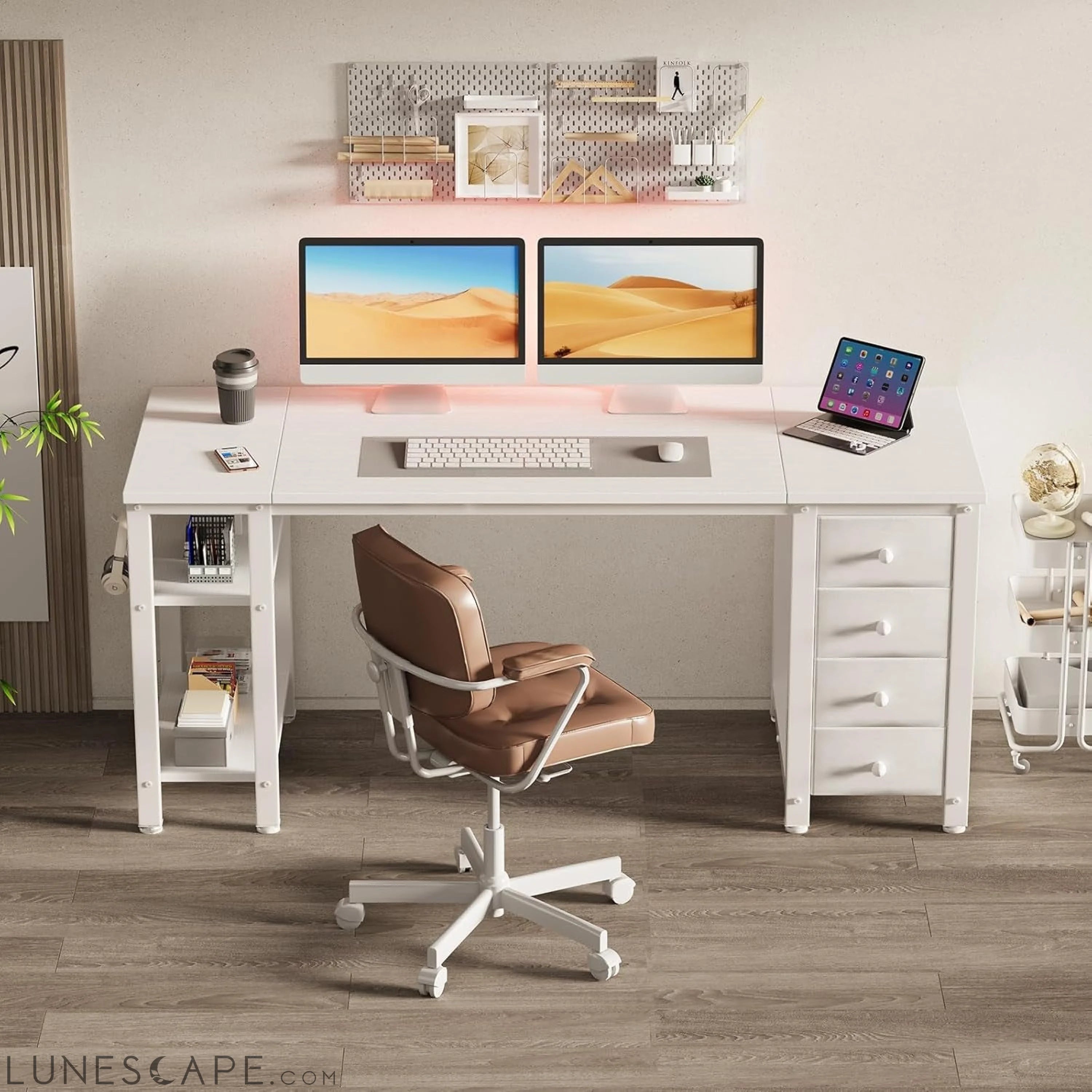 White Computer Desk with Fabric Drawers & Storage Shelves, 55 Inch LUNESCAPE