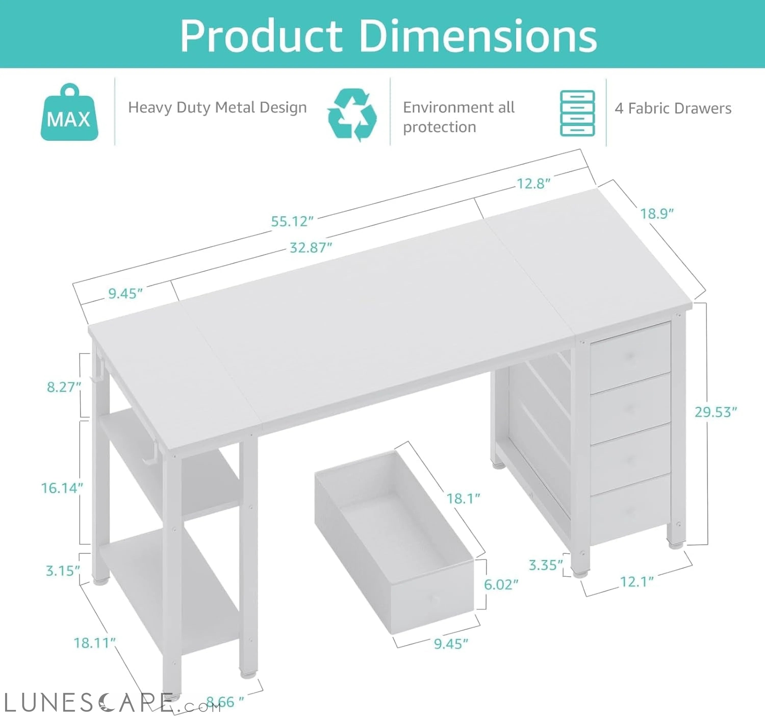 White Computer Desk with Fabric Drawers & Storage Shelves, 55 Inch LUNESCAPE