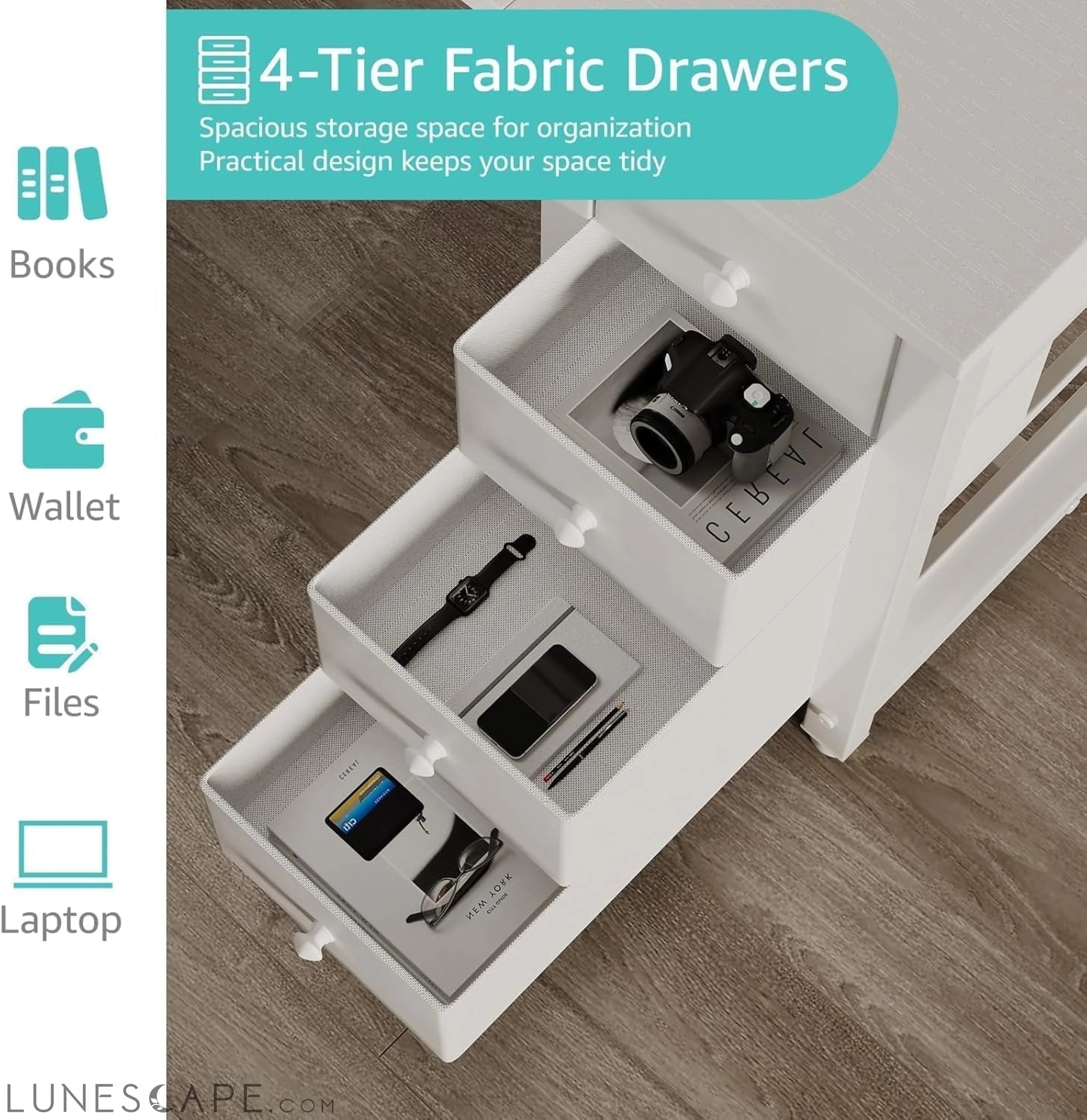 White Computer Desk with Fabric Drawers & Storage Shelves, 55 Inch LUNESCAPE