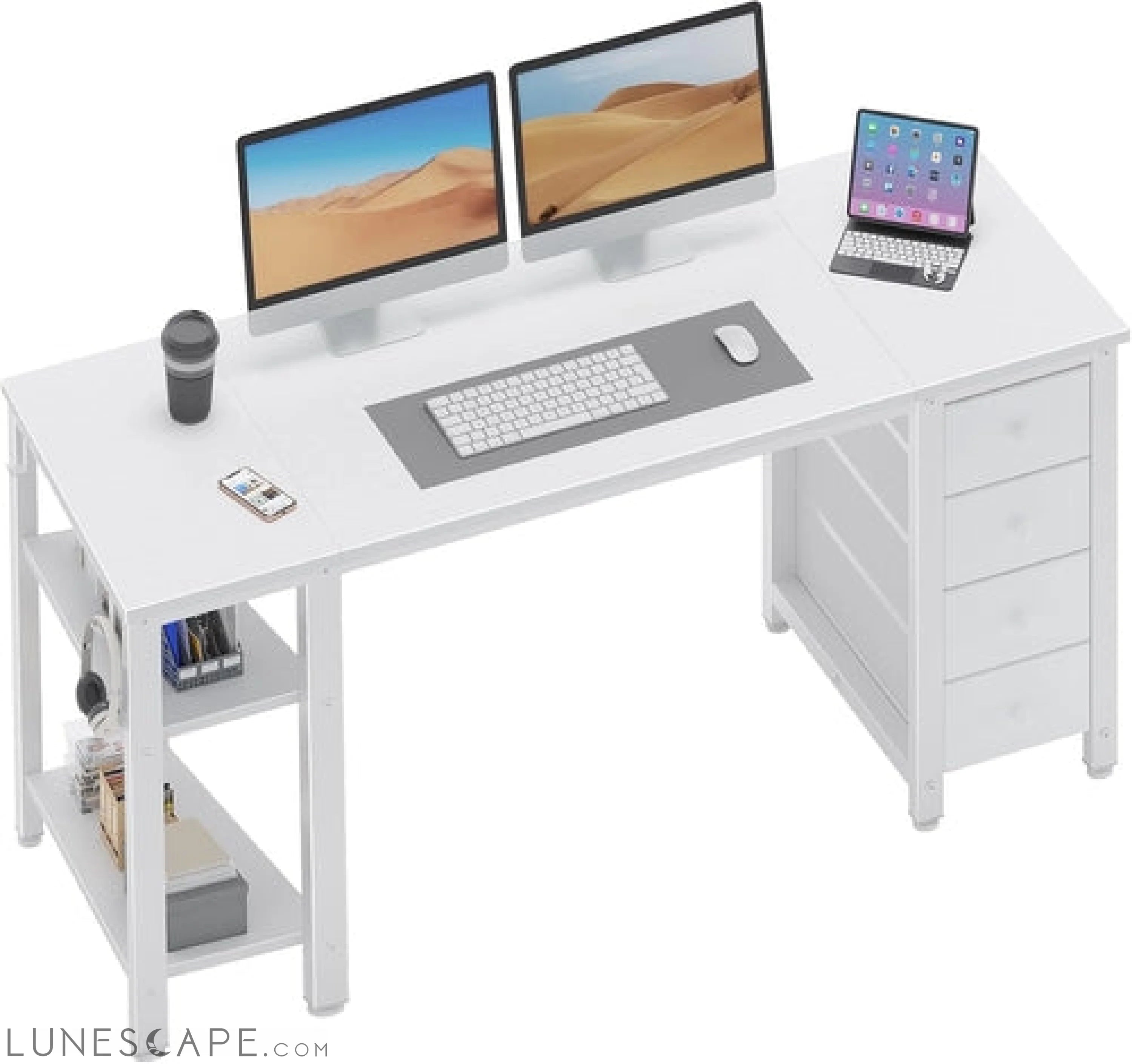White Computer Desk with Fabric Drawers & Storage Shelves, 55 Inch LUNESCAPE