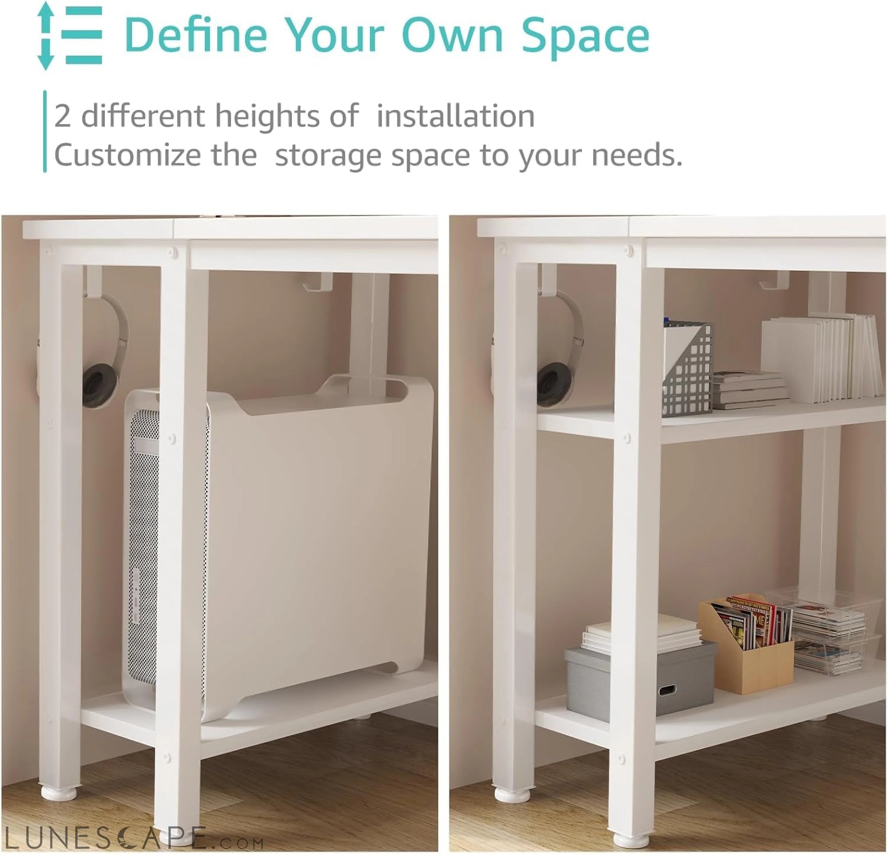 White Computer Desk with Fabric Drawers & Storage Shelves, 55 Inch LUNESCAPE