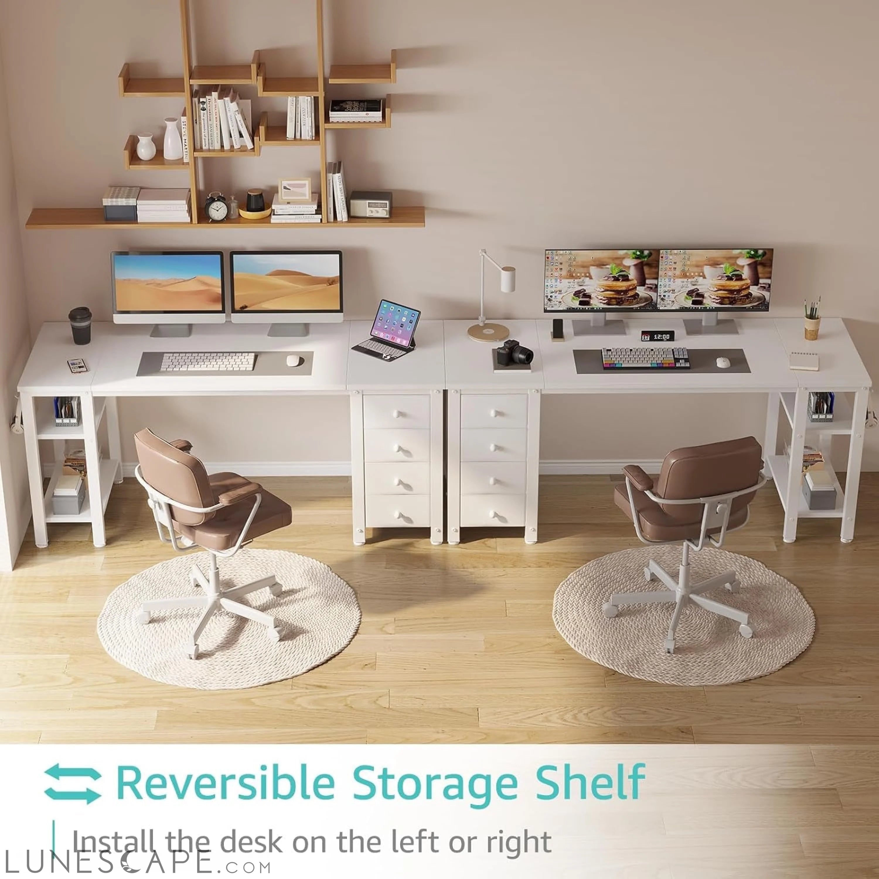 White Computer Desk with Fabric Drawers & Storage Shelves, 55 Inch LUNESCAPE