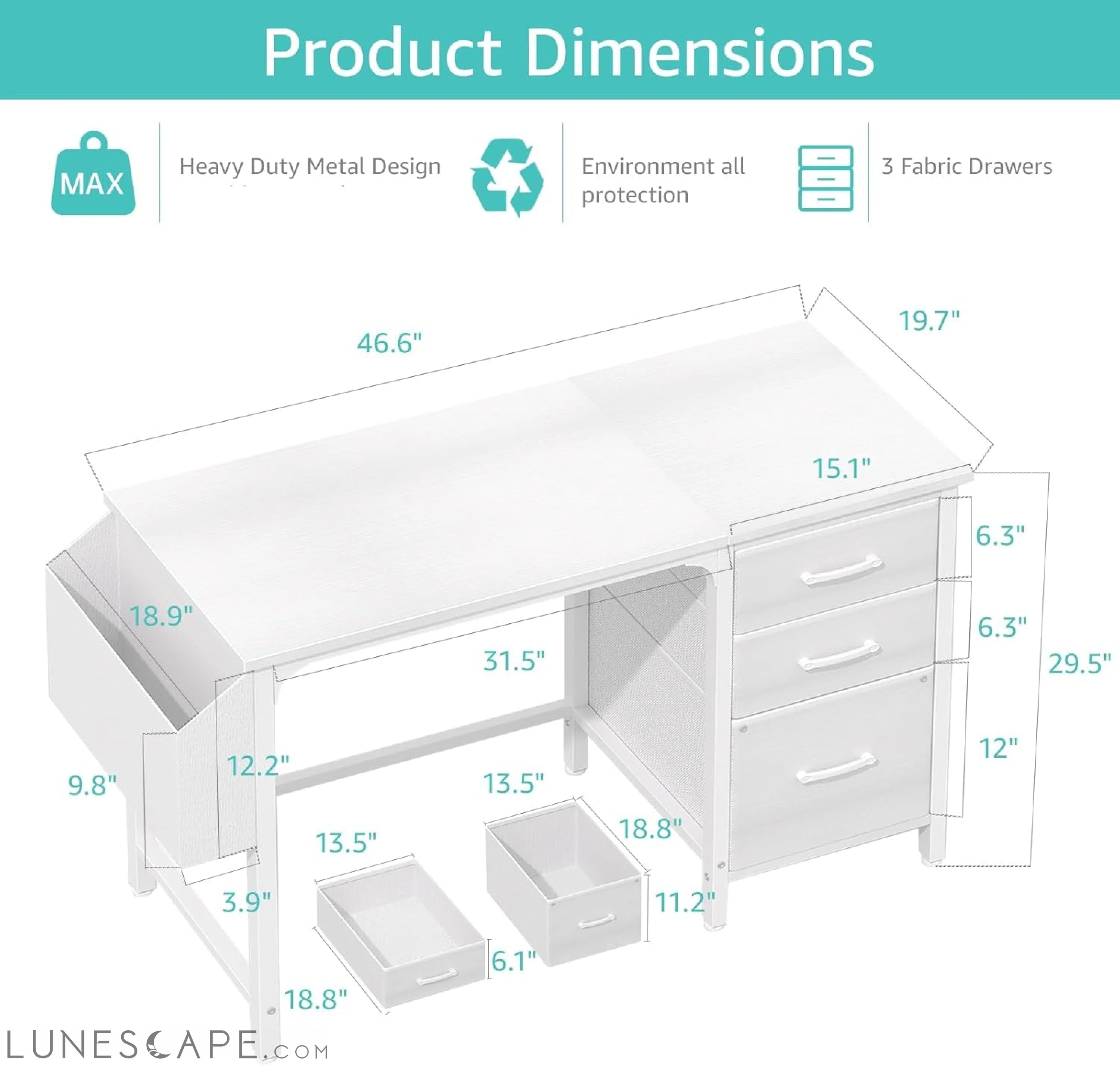 White Computer Desk with Fabric File Drawers Cabinet, 47 Inch Home LUNESCAPE