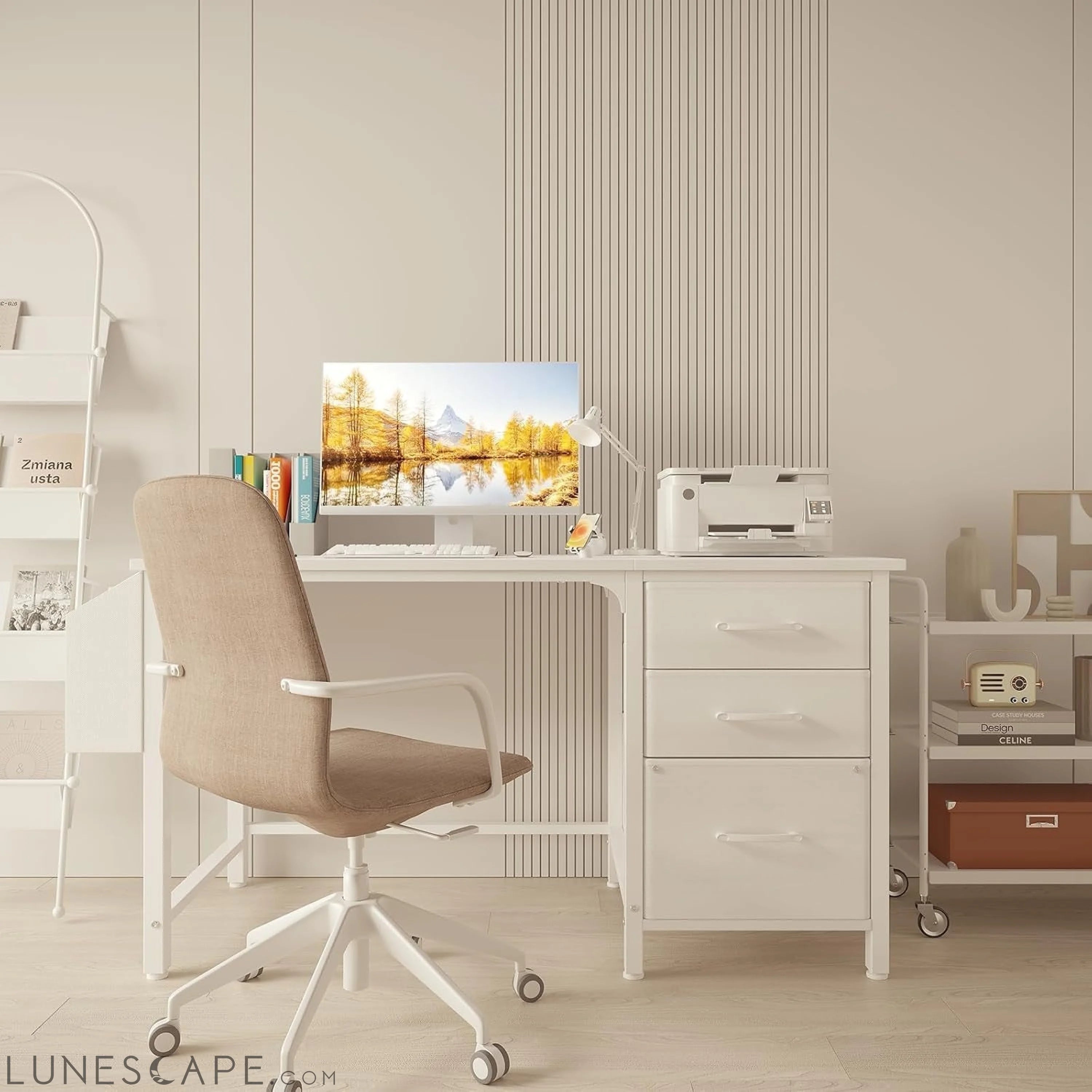 White Computer Desk with Fabric File Drawers Cabinet, 47 Inch Home LUNESCAPE