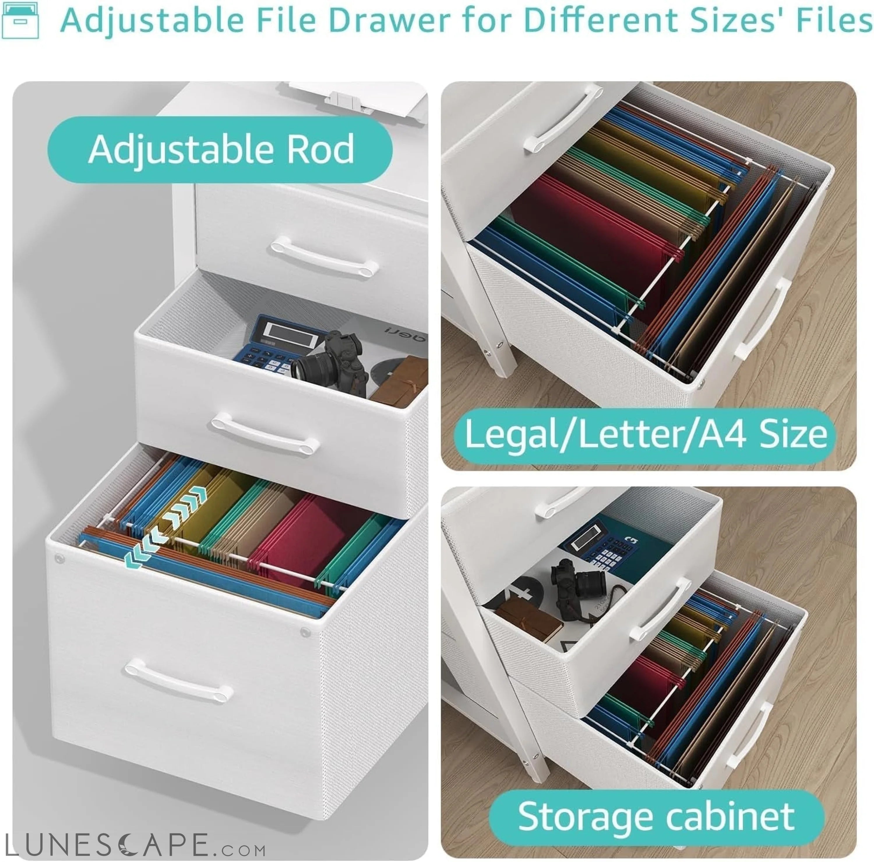 White Computer Desk with Fabric File Drawers Cabinet, 47 Inch Home LUNESCAPE
