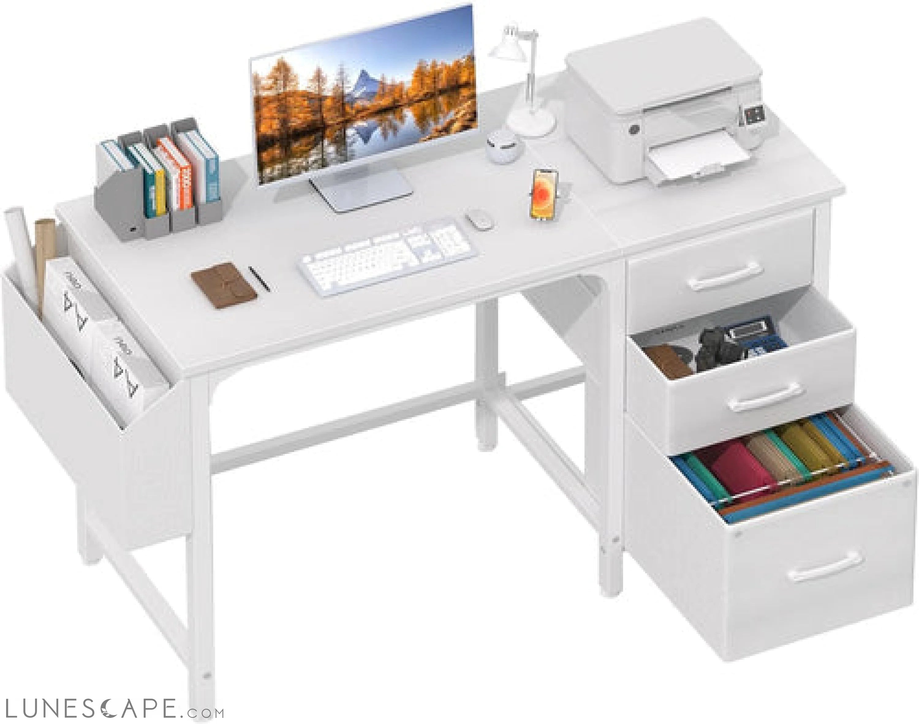White Computer Desk with Fabric File Drawers Cabinet, 47 Inch Home LUNESCAPE