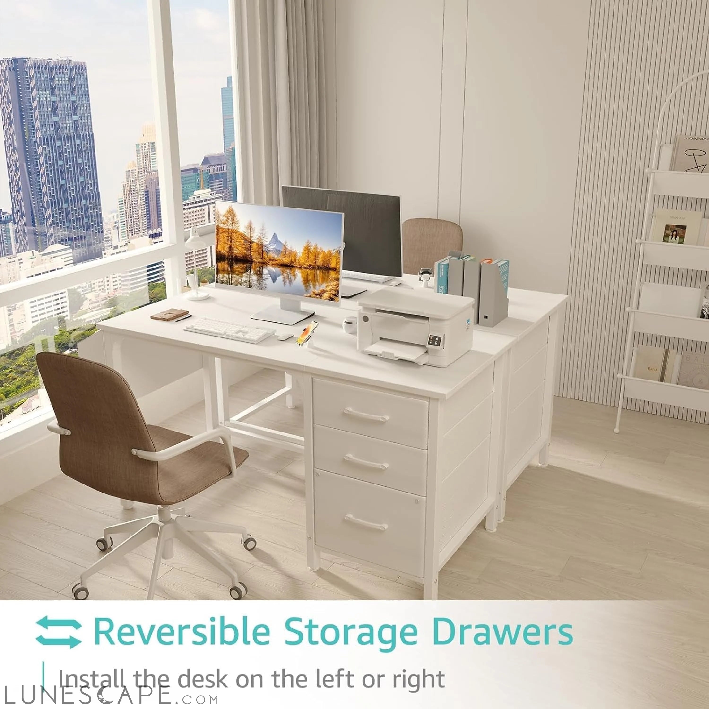 White Computer Desk with Fabric File Drawers Cabinet, 47 Inch Home LUNESCAPE
