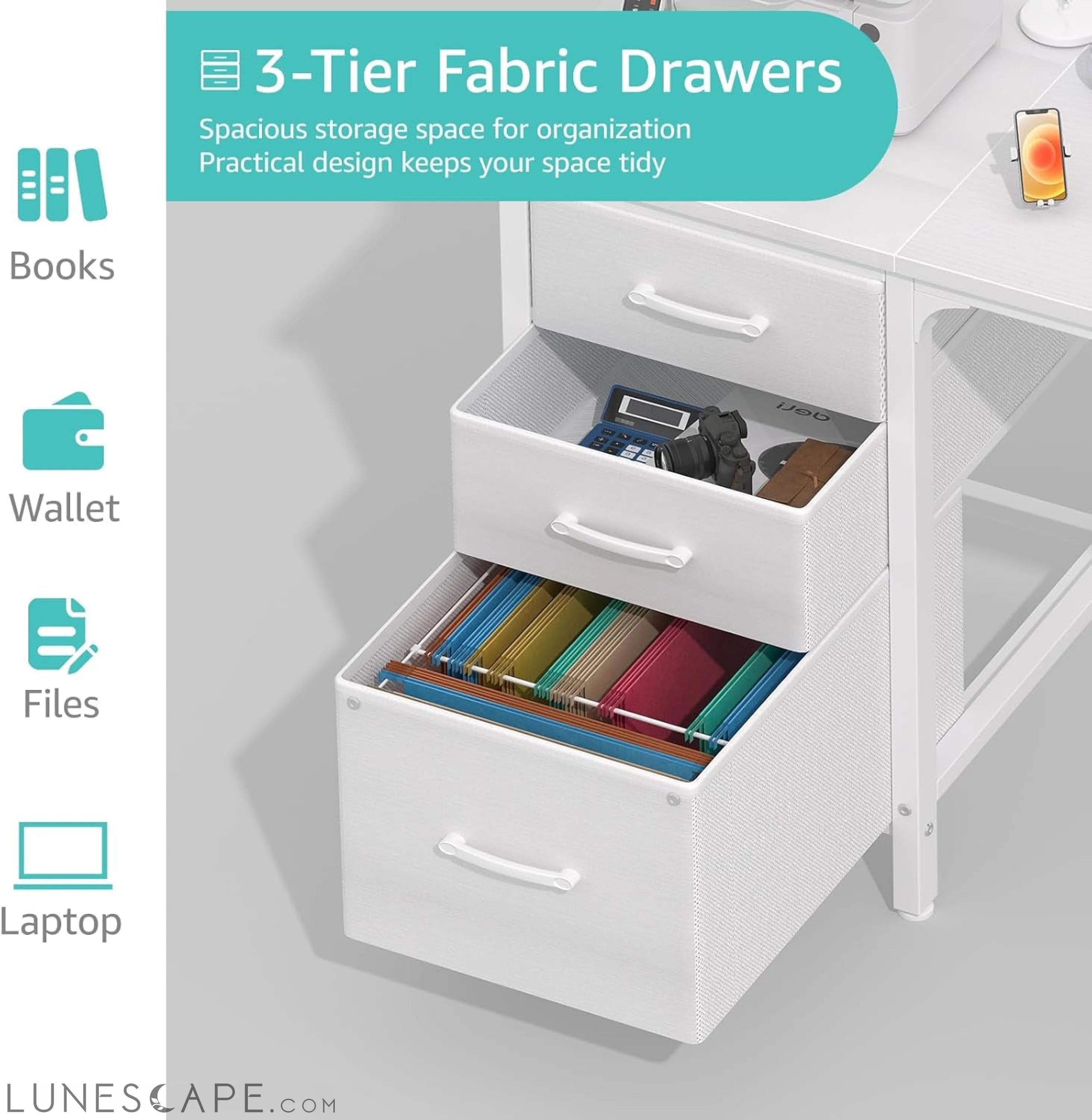 White Computer Desk with Fabric File Drawers Cabinet, 47 Inch Home LUNESCAPE