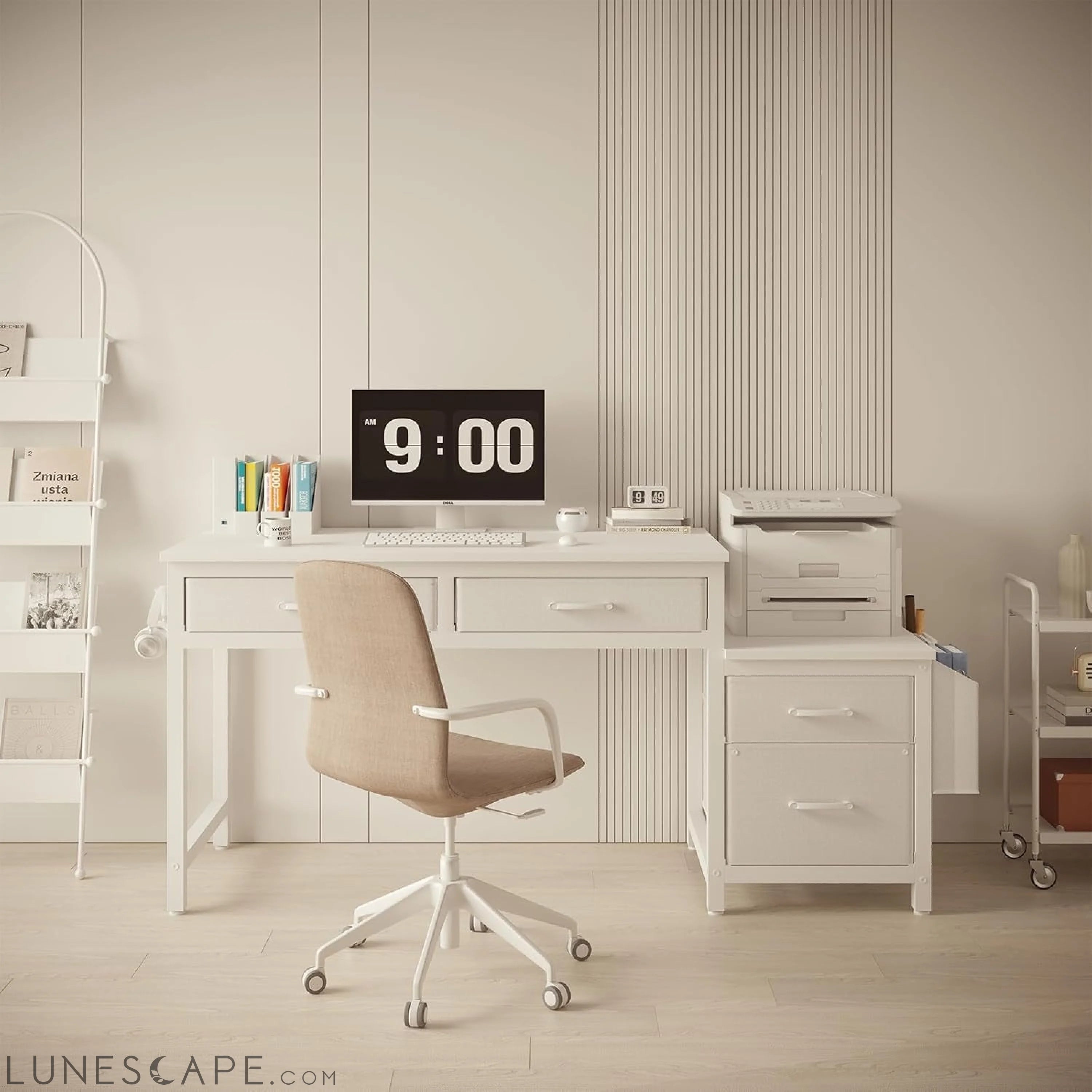 White Computer Desk with Fabric File Drawers Cabinet, 57 Inch Home LUNESCAPE