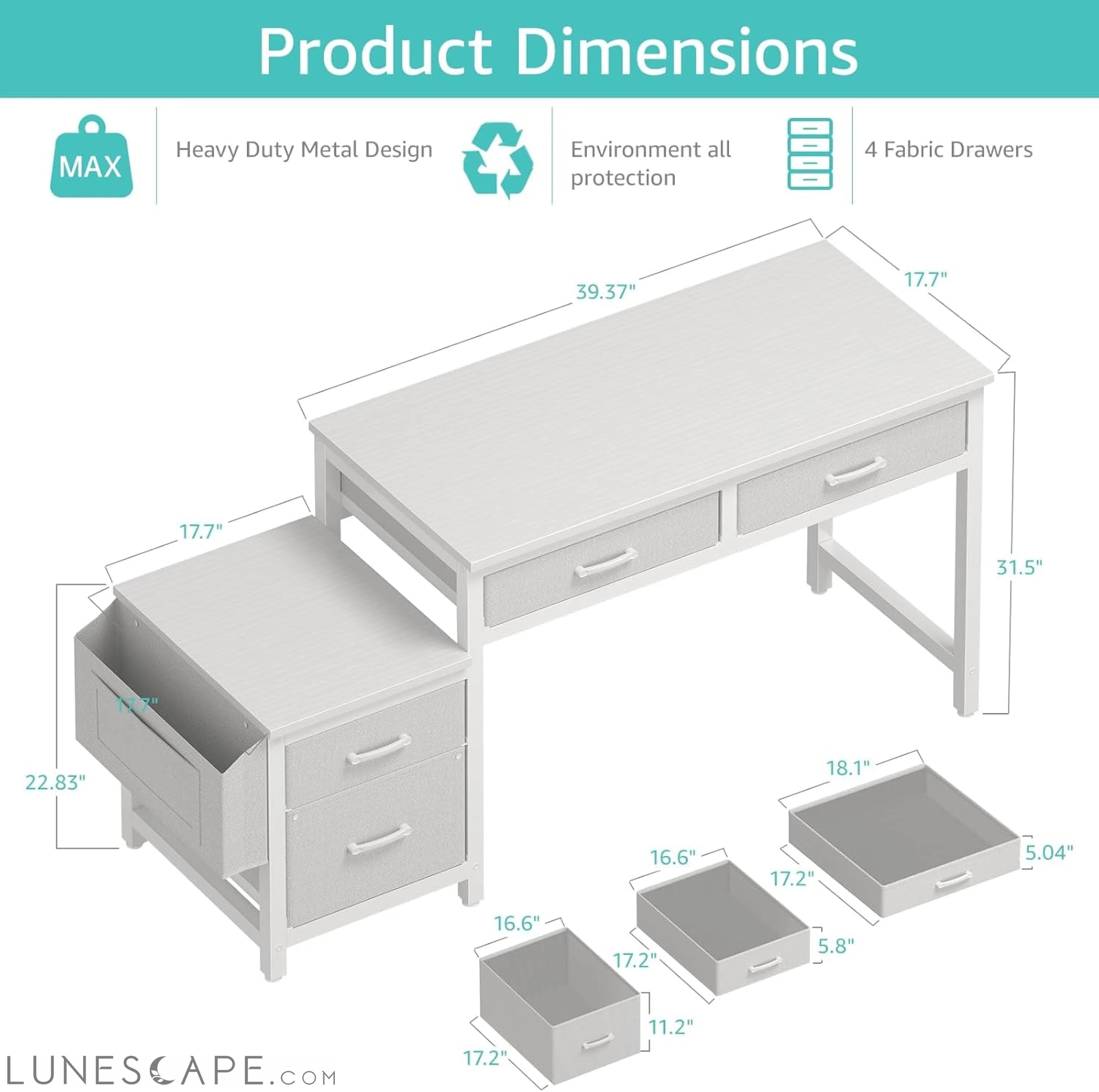 White Computer Desk with Fabric File Drawers Cabinet, 57 Inch Home LUNESCAPE