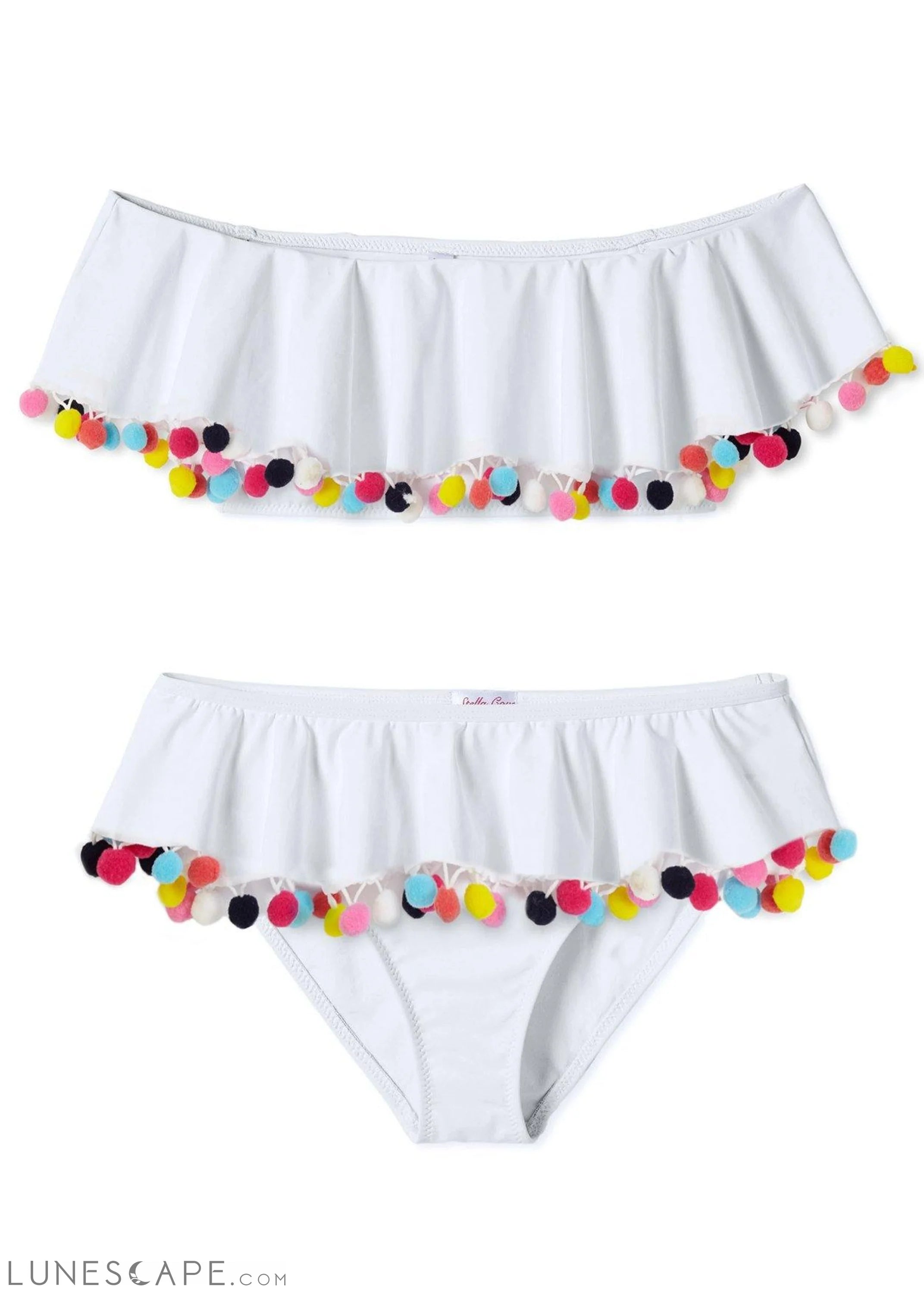 White Draped Bikini with Multicolor Pom Poms LUNESCAPE